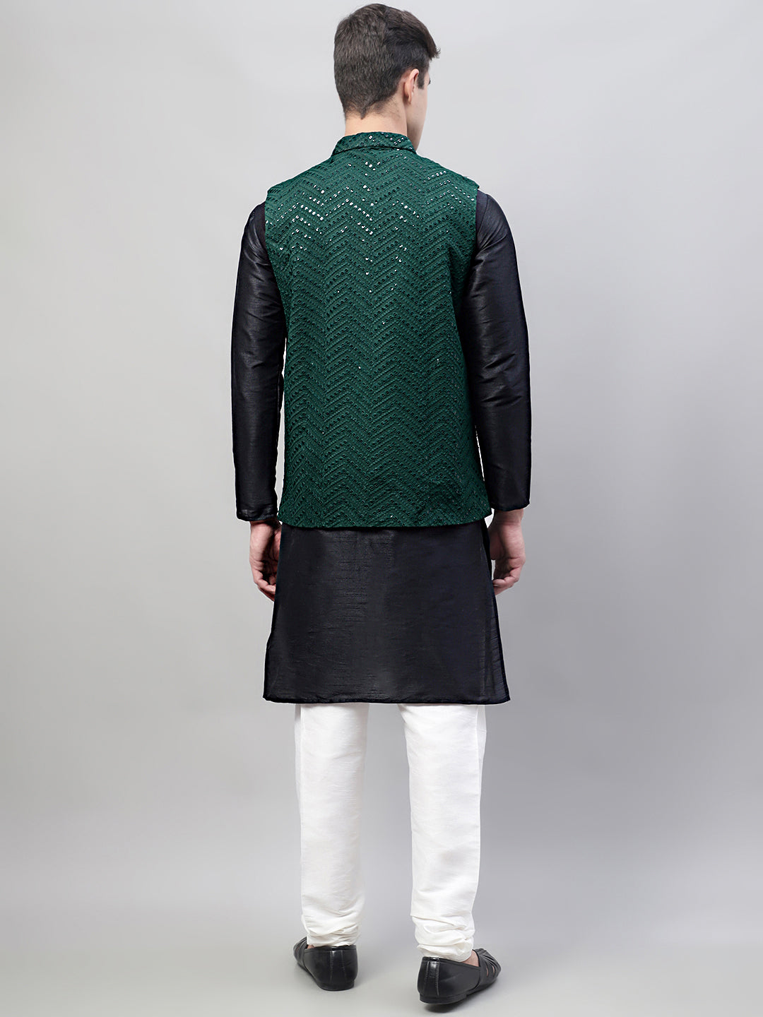 Men Black Solid Kurta Pyjama with Olive Green Embroidered Nehru Jacket