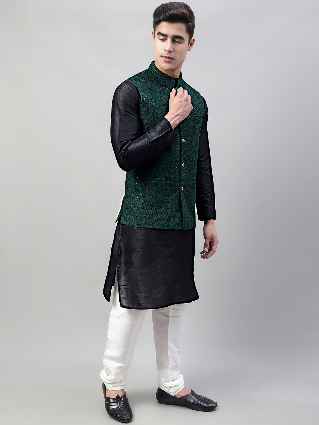 Men Black Solid Kurta Pyjama with Olive Green Embroidered Nehru Jacket