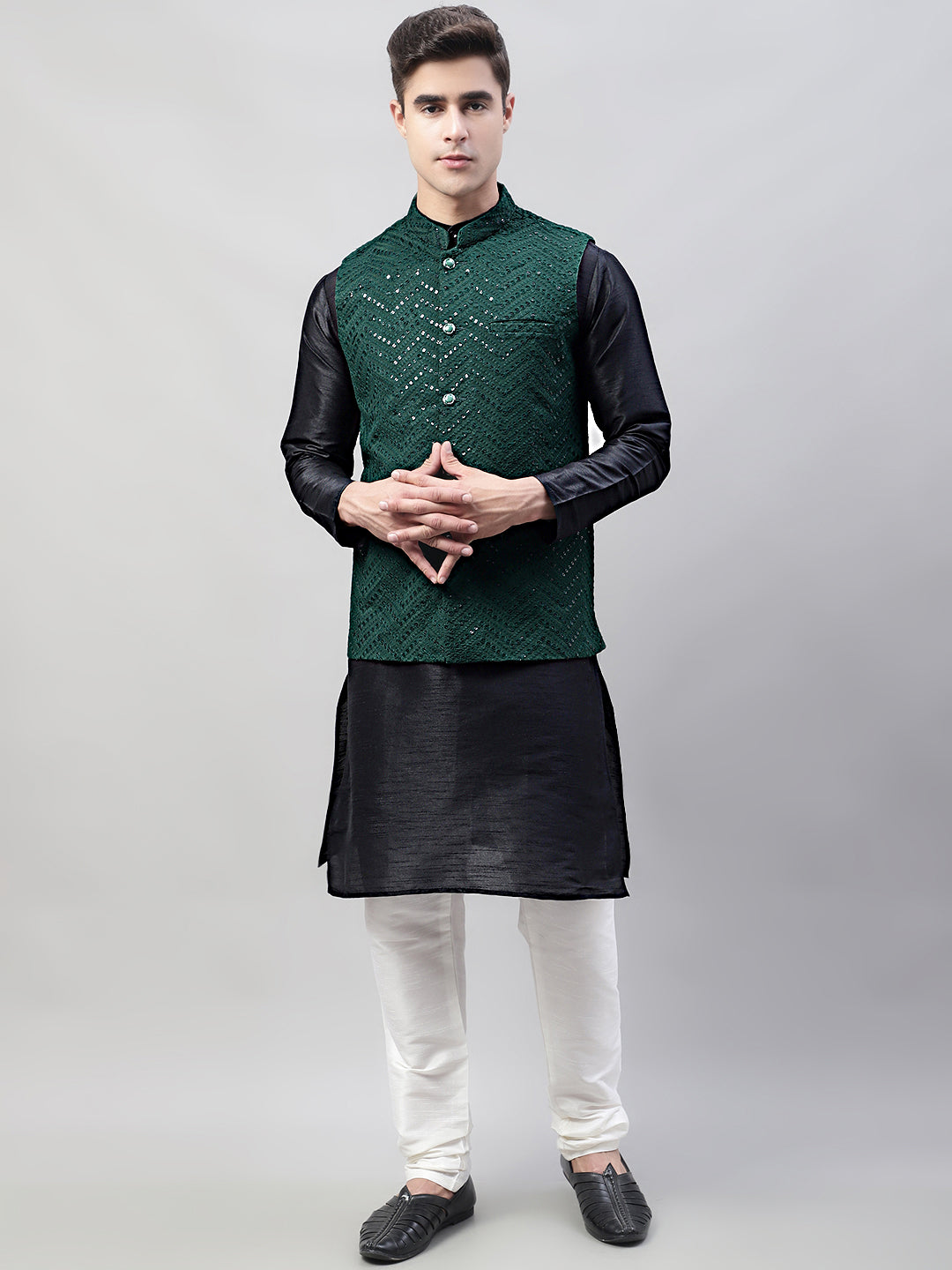 Men Black Solid Kurta Pyjama with Olive Green Embroidered Nehru Jacket