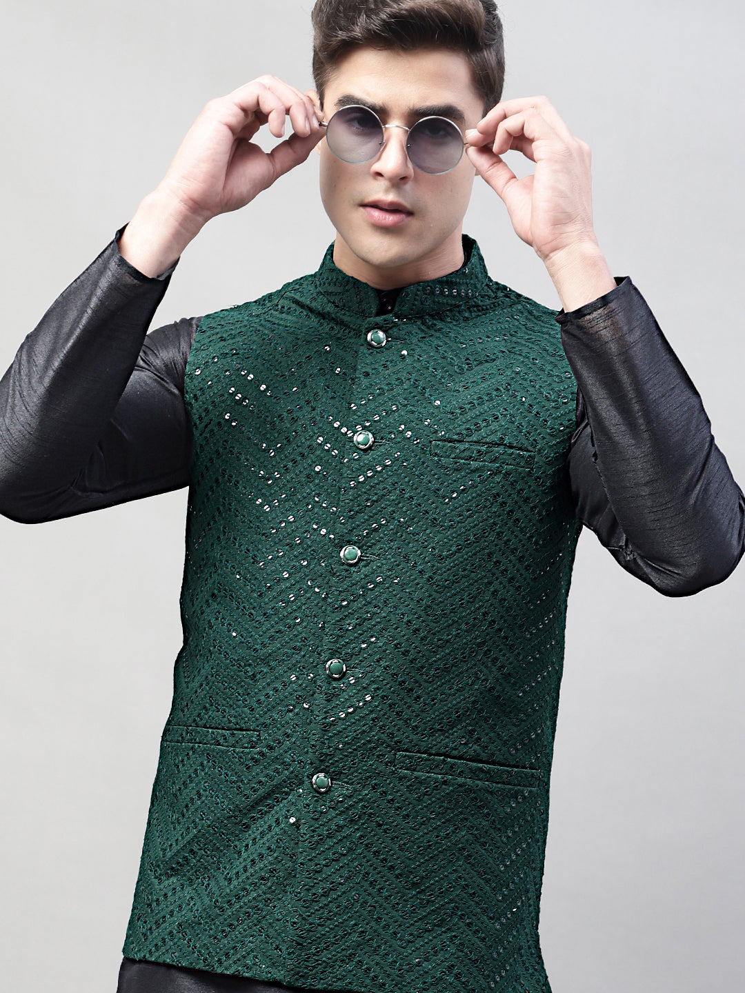 Men Black Solid Kurta Pyjama with Olive Green Embroidered Nehru Jacket