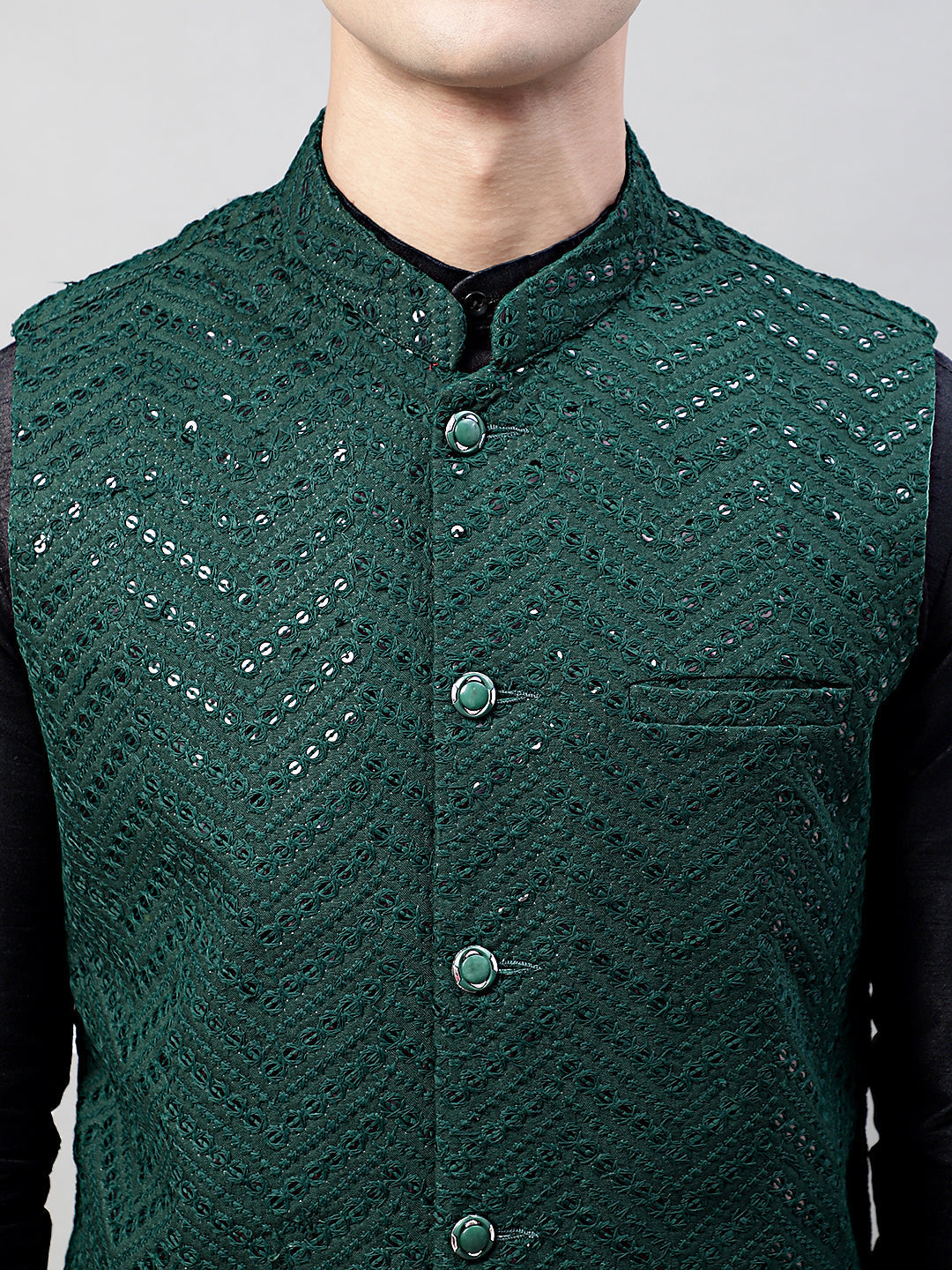 Men Black Solid Kurta Pyjama with Olive Green Embroidered Nehru Jacket