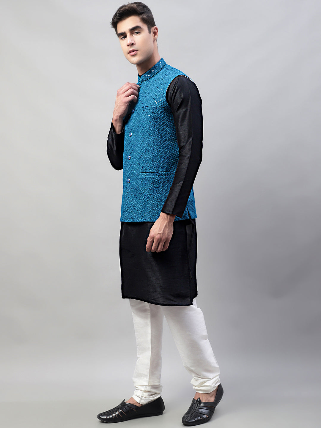 Men Black Solid Kurta Pyjama with Blue Embroidered Nehru Jacket