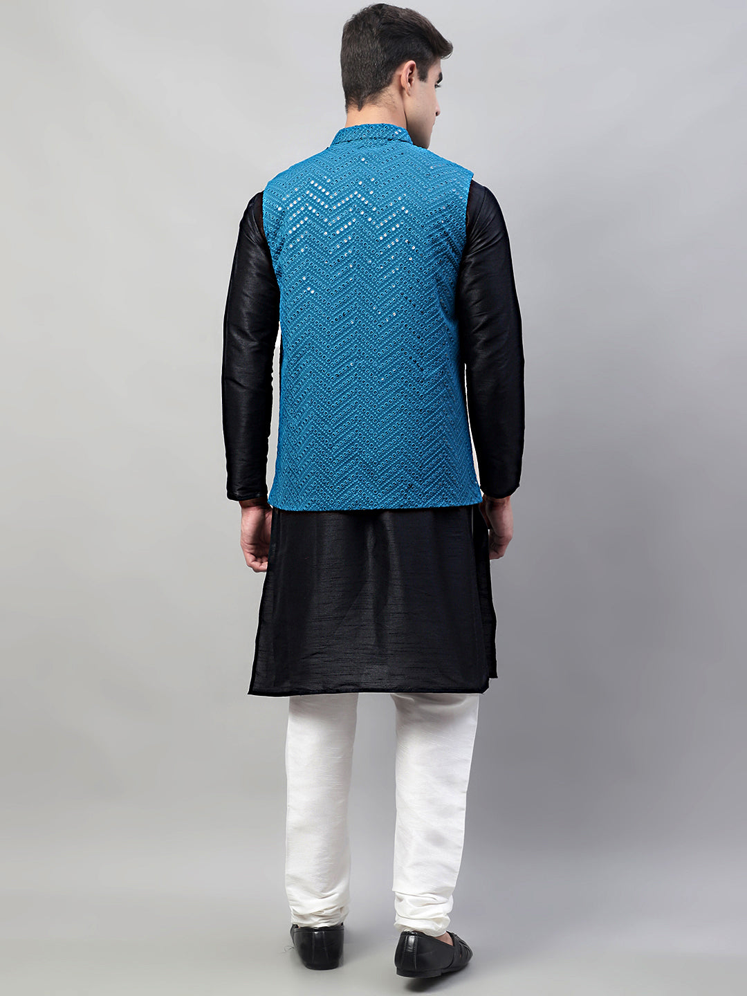 Men Black Solid Kurta Pyjama with Blue Embroidered Nehru Jacket