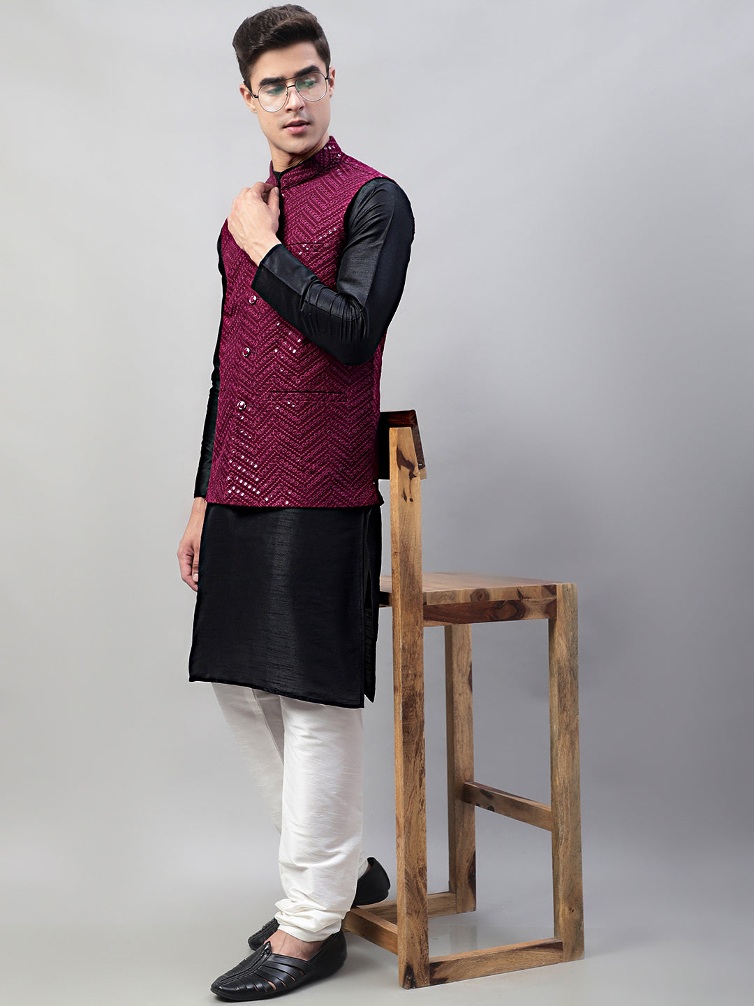 Men Black Solid Kurta Pyjama with Purple Embroidered Nehru Jacket