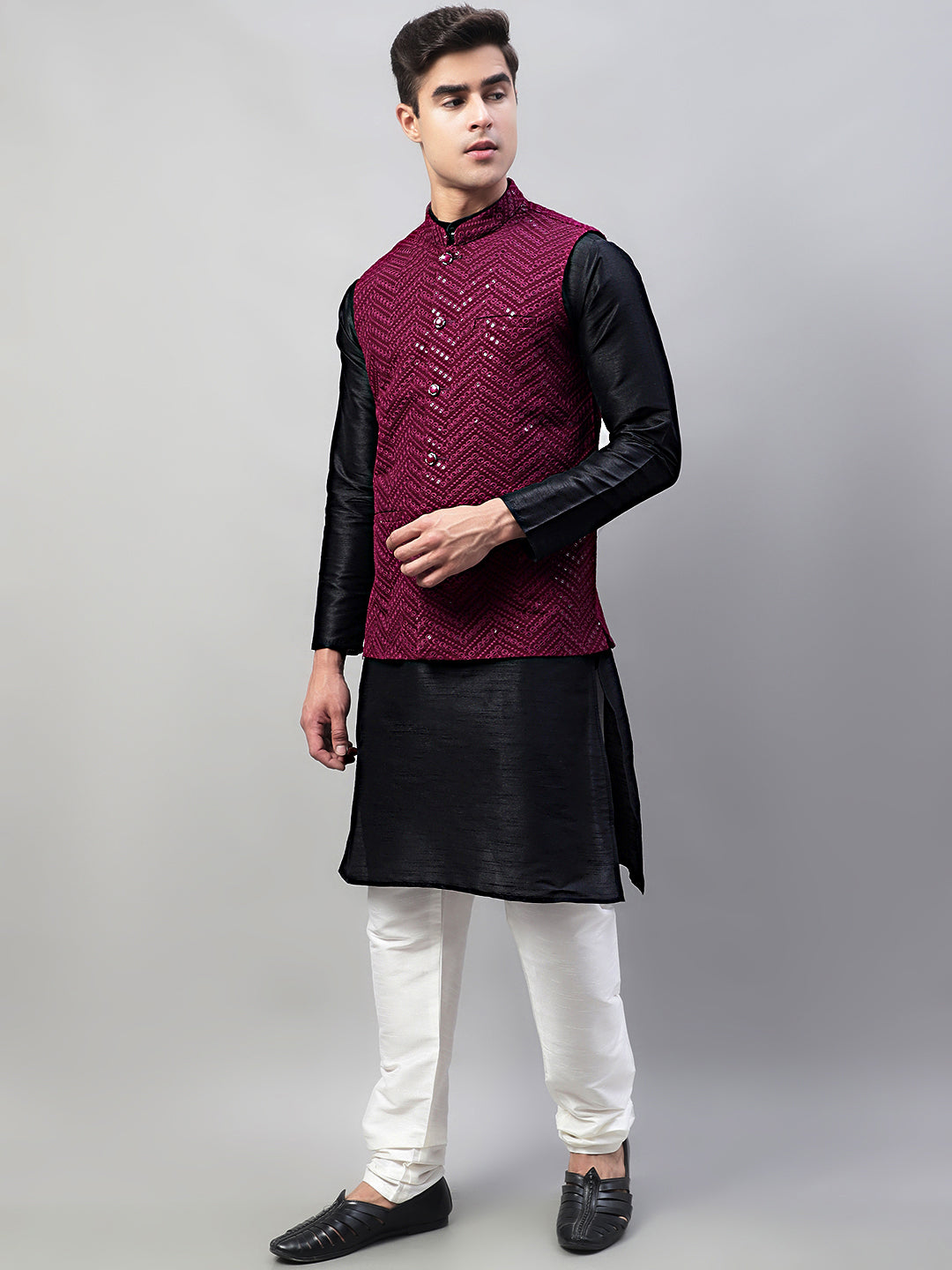 Men Black Solid Kurta Pyjama with Purple Embroidered Nehru Jacket