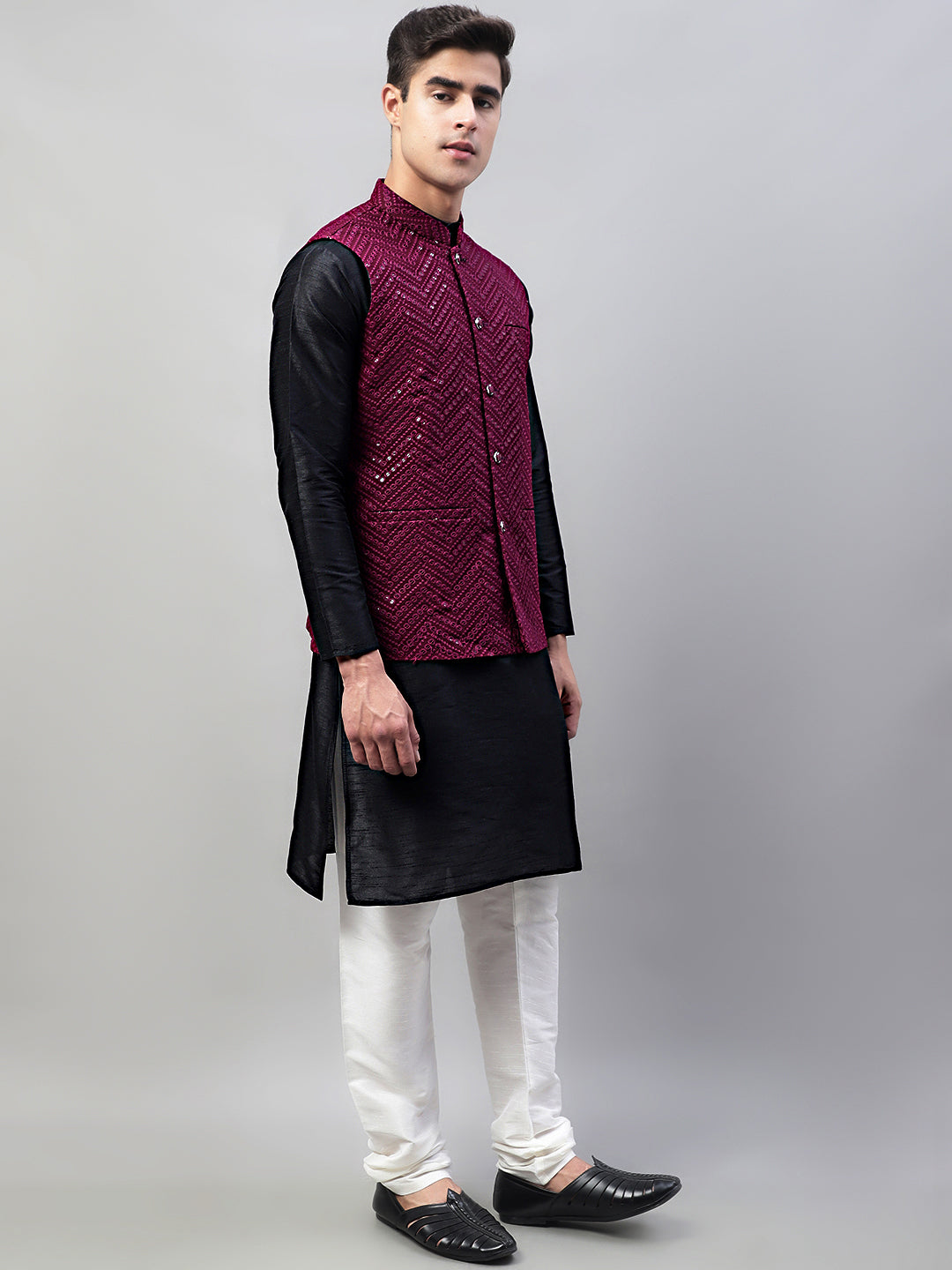 Men Black Solid Kurta Pyjama with Purple Embroidered Nehru Jacket