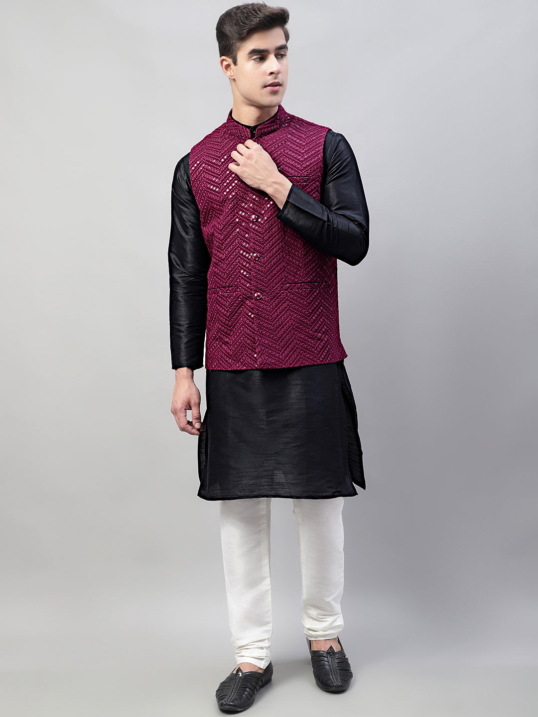 Men Black Solid Kurta Pyjama with Purple Embroidered Nehru Jacket