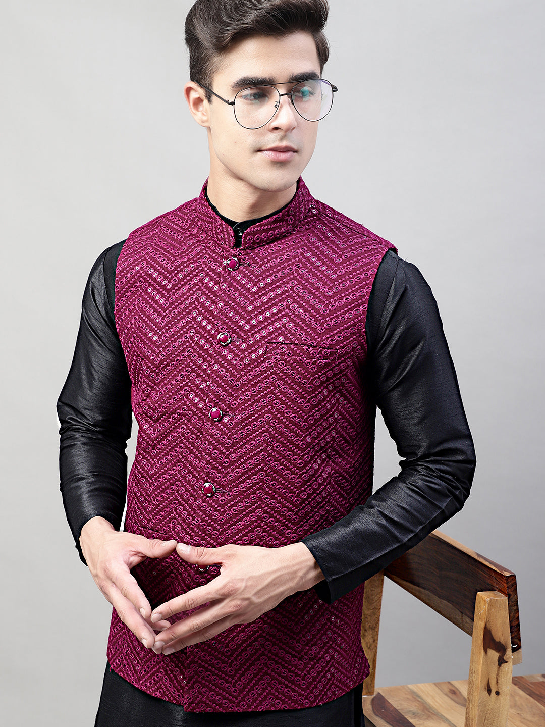 Men Black Solid Kurta Pyjama with Purple Embroidered Nehru Jacket