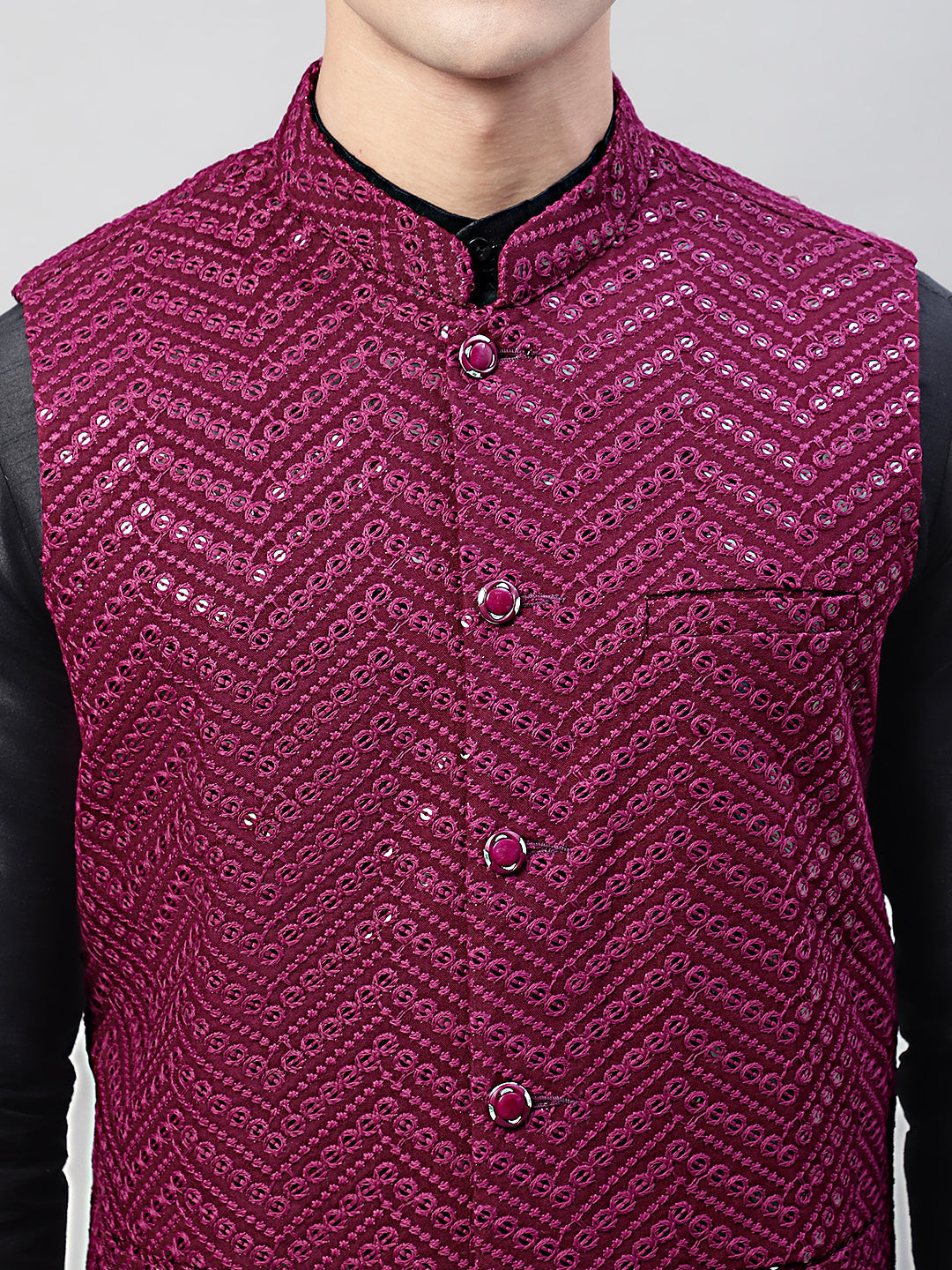 Men Black Solid Kurta Pyjama with Purple Embroidered Nehru Jacket