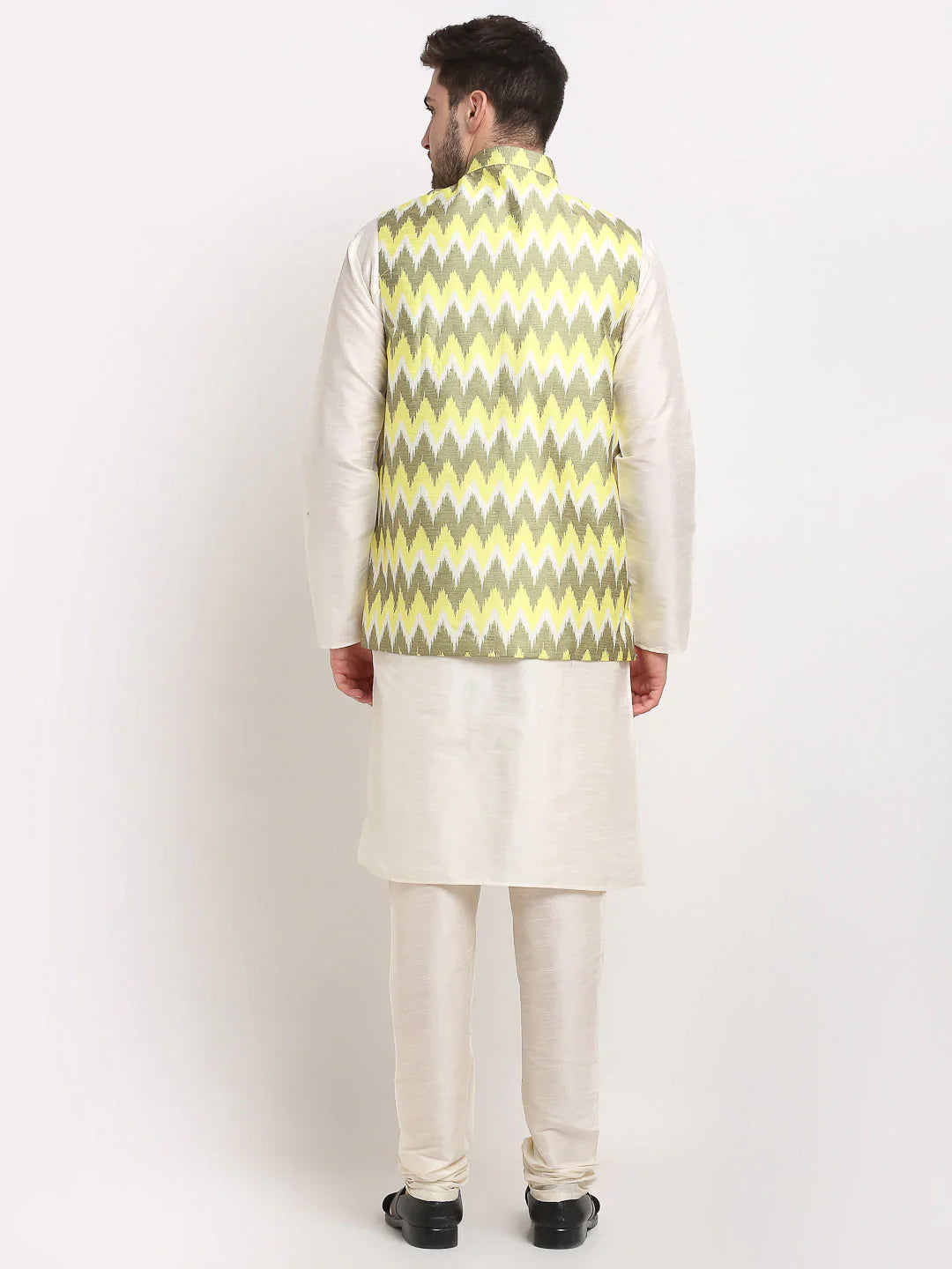 Jompers Men's Ikat Print Nehru Jacket & Kurta Pyjama ( JOKPWC W-D 4030Multi-Olive )