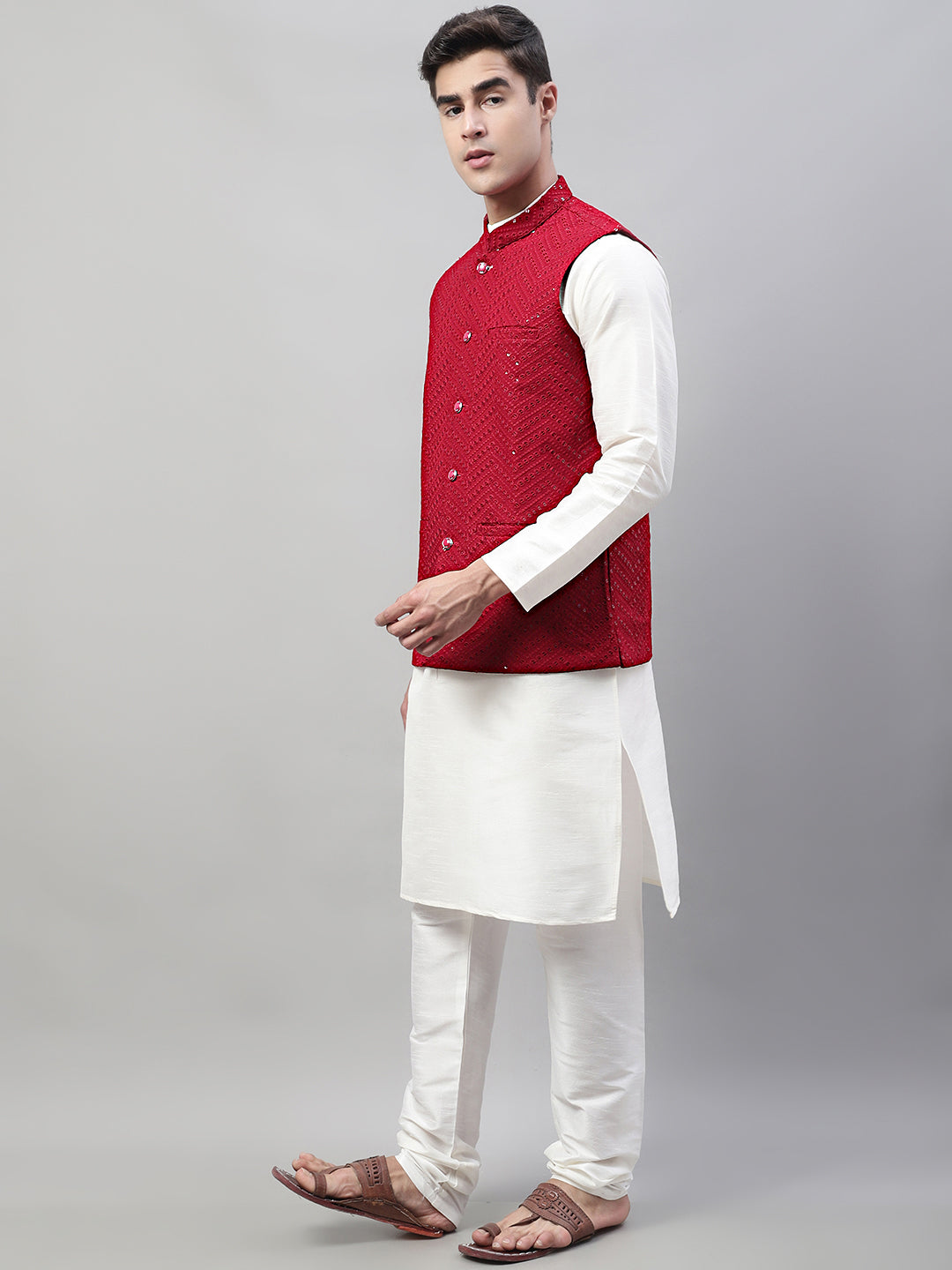 Men White Solid Kurta Pyjama with Maroon Embroidered Nehru Jacket