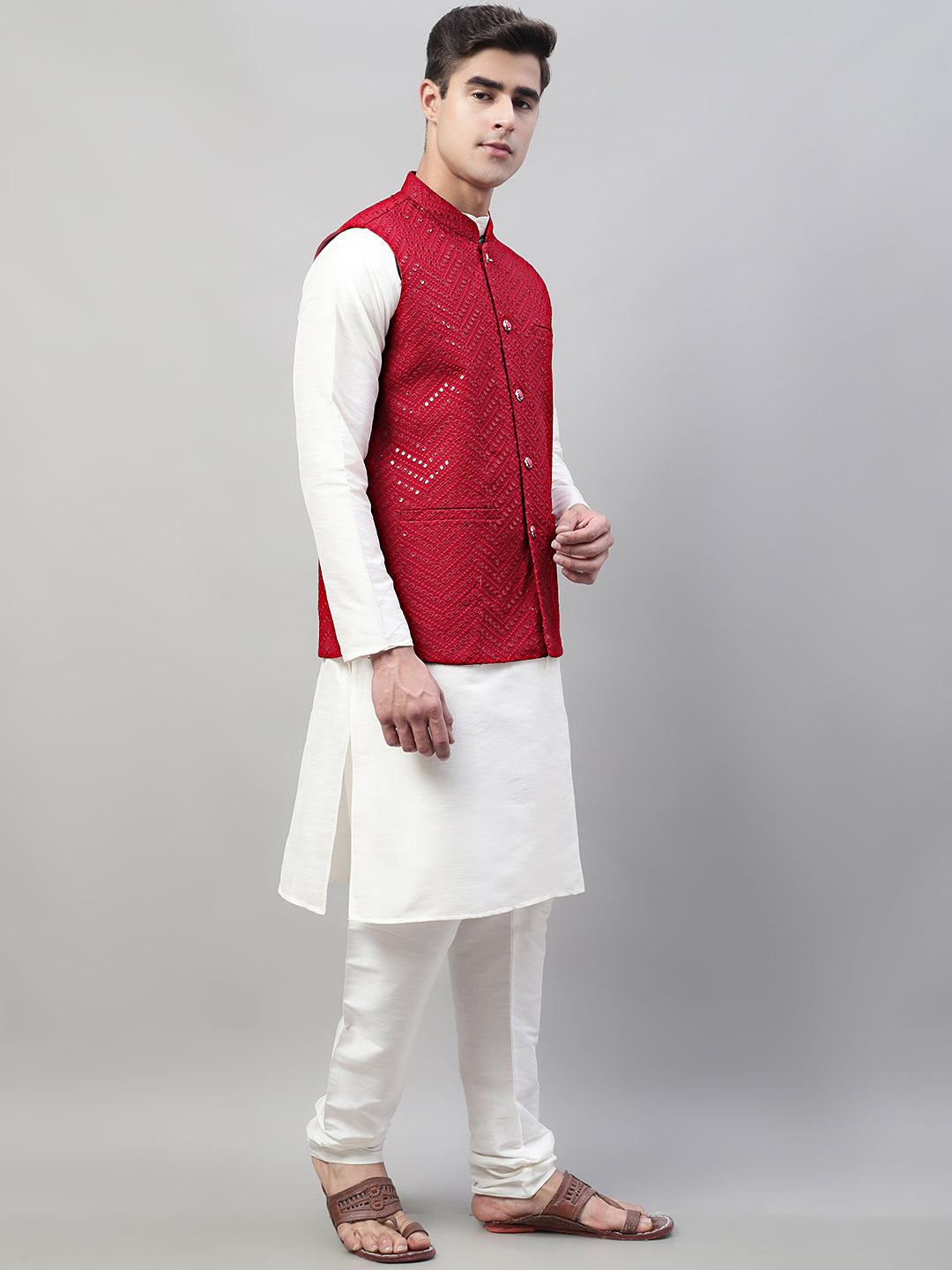 Men White Solid Kurta Pyjama with Maroon Embroidered Nehru Jacket