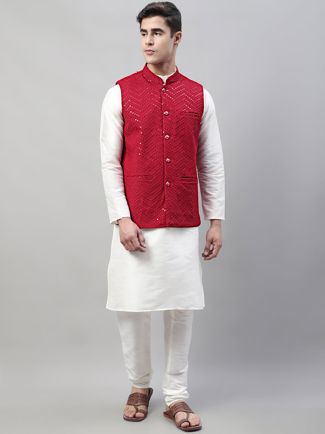 Men White Solid Kurta Pyjama with Maroon Embroidered Nehru Jacket