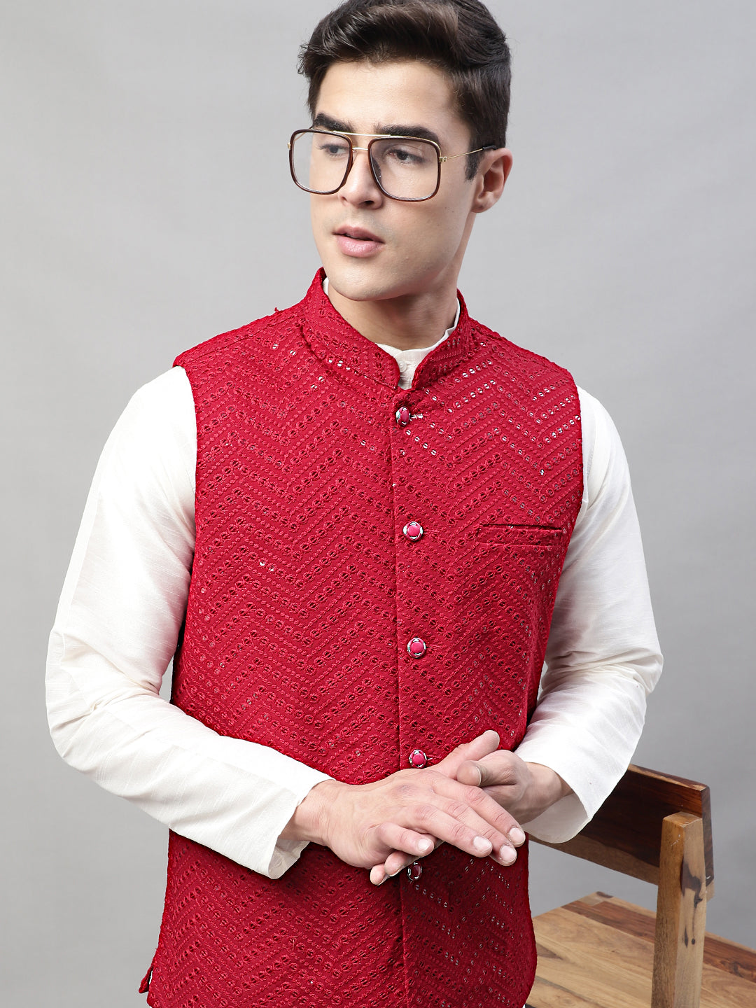 Men White Solid Kurta Pyjama with Maroon Embroidered Nehru Jacket