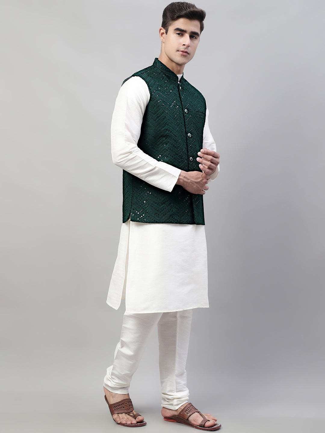 Men White Solid Kurta Pyjama with Olive Green Embroidered Nehru Jacket