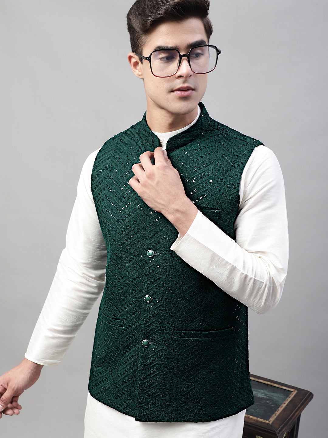 Men White Solid Kurta Pyjama with Olive Green Embroidered Nehru Jacket