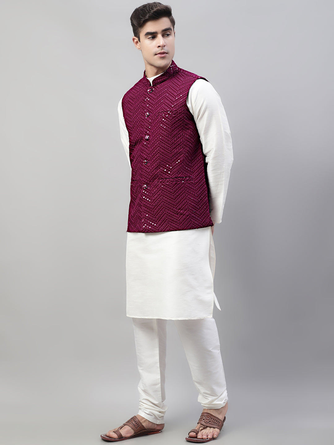 Men White Solid Kurta Pyjama with Purple Embroidered Nehru Jacket