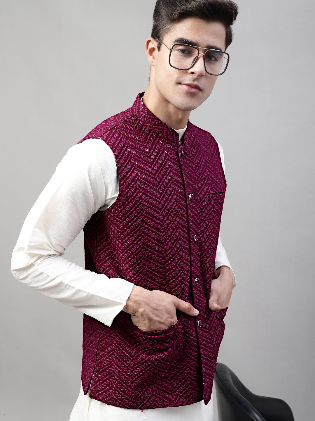 Men White Solid Kurta Pyjama with Purple Embroidered Nehru Jacket