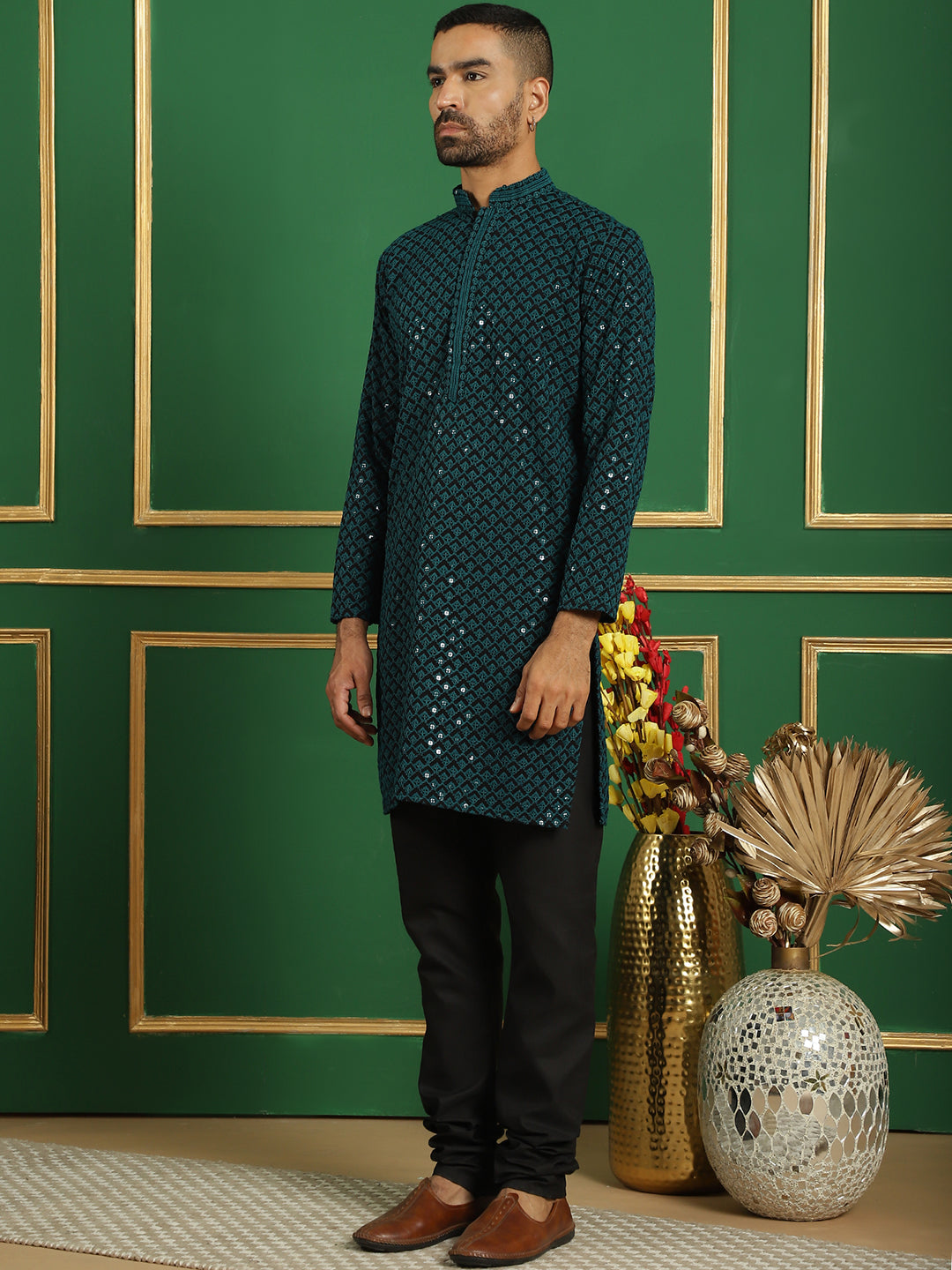Sequin Embroidered Pure Cotton Kurta with Pyjamas