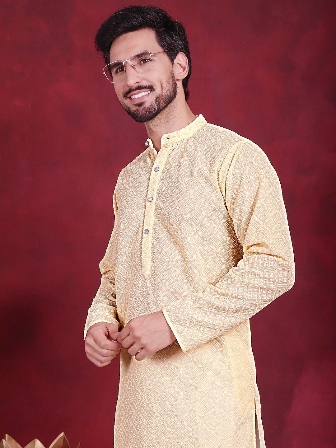 Chikankari Embroidered Kurta with Pyjama ( JOKP 5017 Yellow )