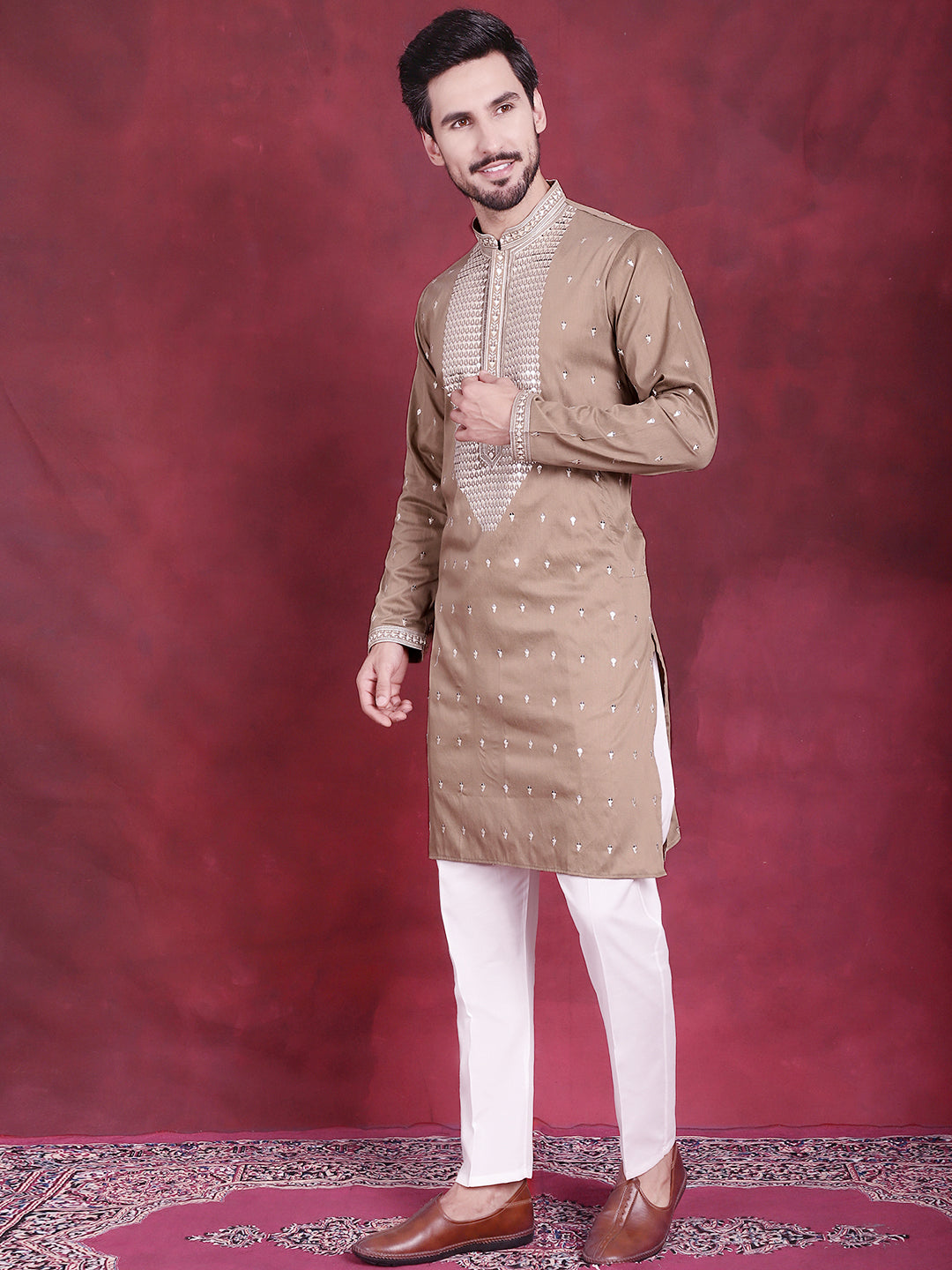 Men's Sequins Embroidered Kurta Pyjama Set ( JOKP 5019 Beige )