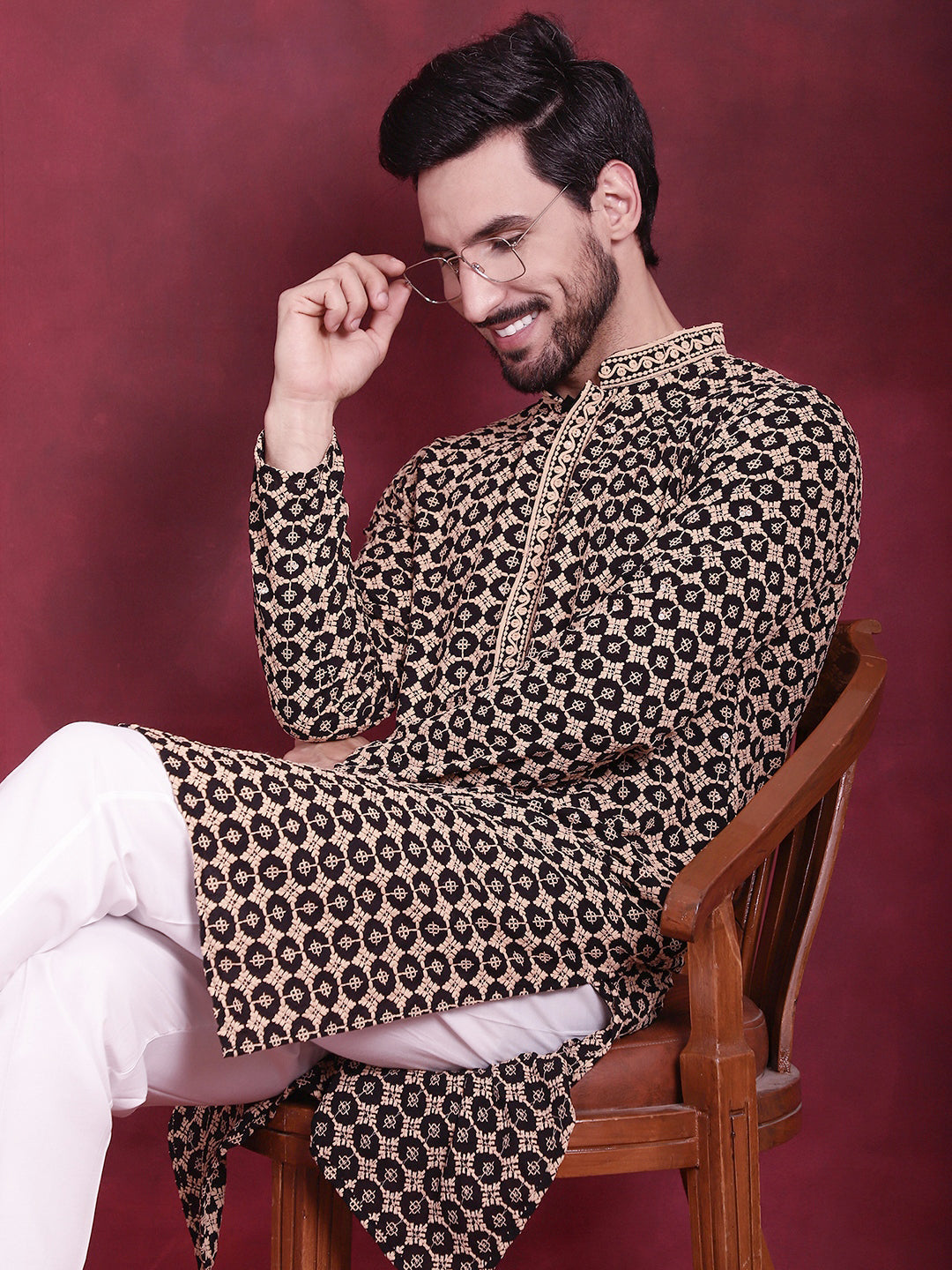 Men's Sequins Embroidered Kurta with Pyjama ( JOKP 5023 Black )