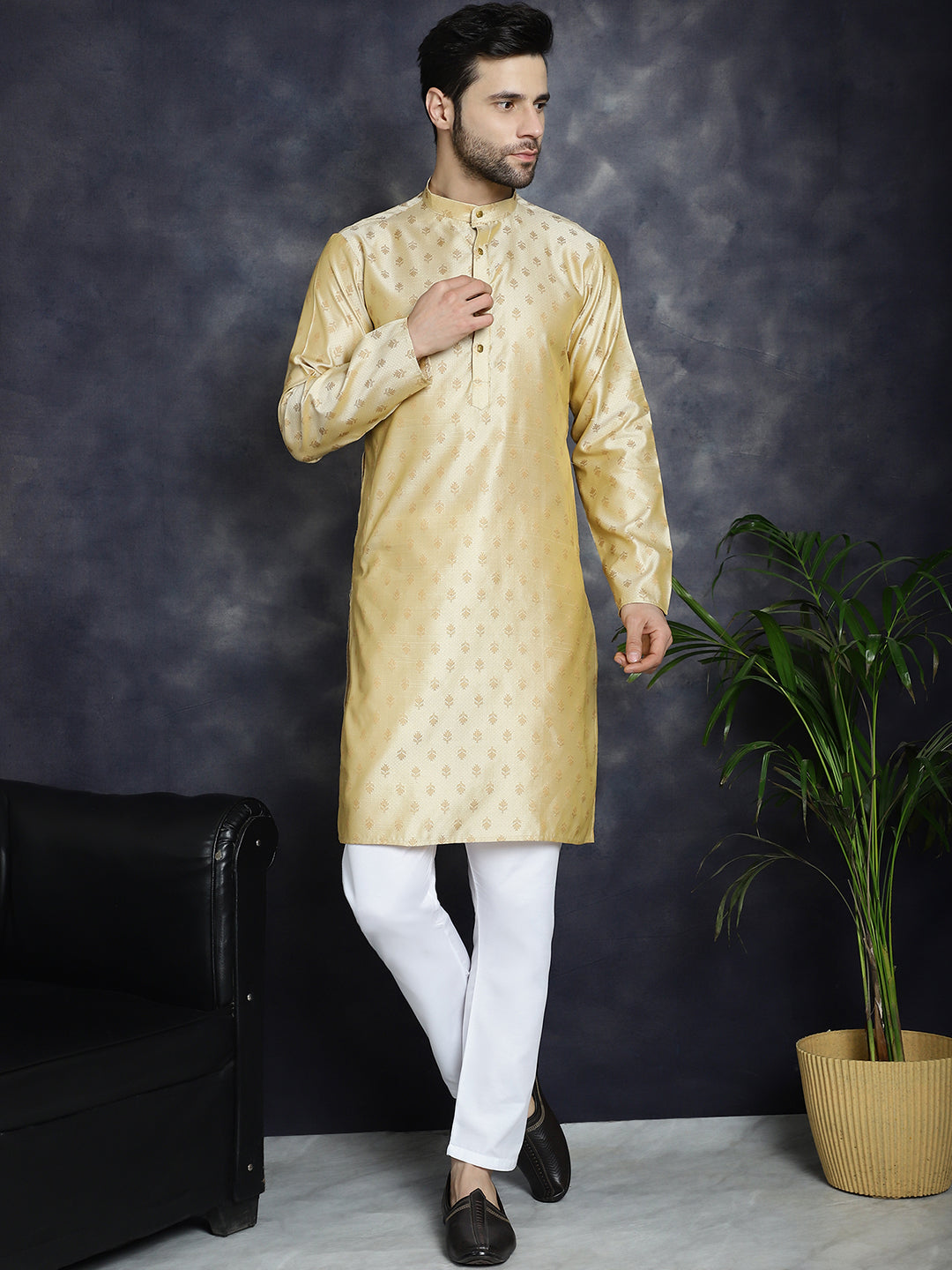 Woven Design Silk Blend Kurta with Pyjama ( JOKP P 5032Golden )