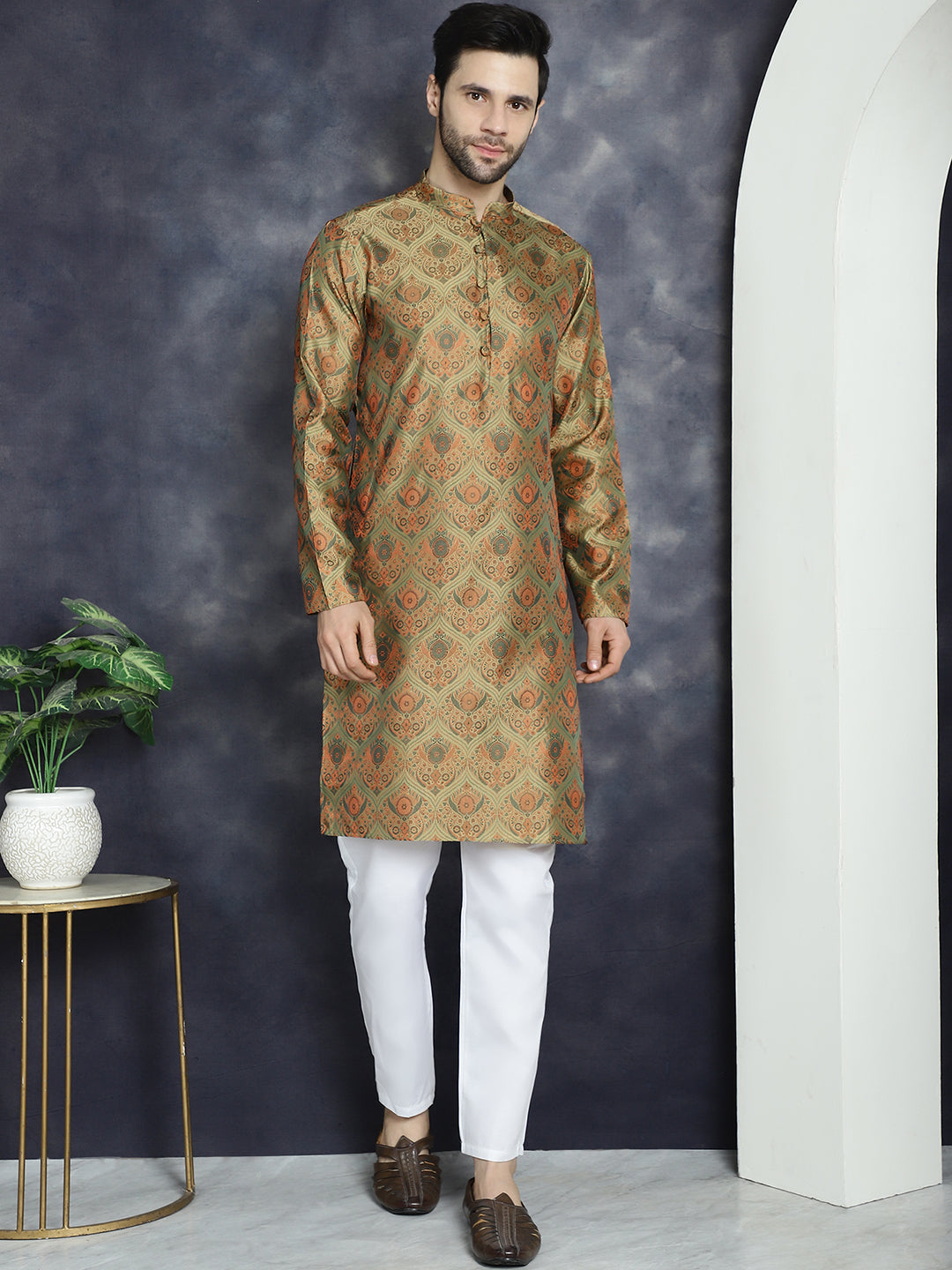Men Golden Silk Blend Straight Kurta Pyjama Set ( JOKP P 5043Golden )