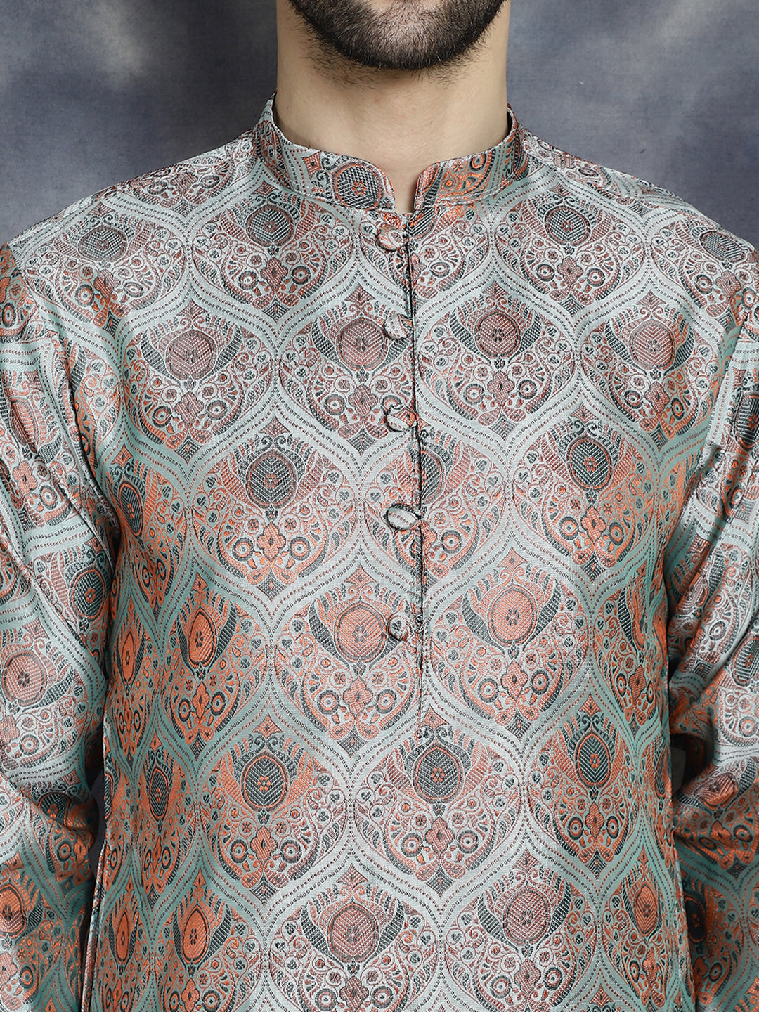 Men Silver Silk Blend Straight Kurta Pyjama Set ( JOKP P 5043Silver )