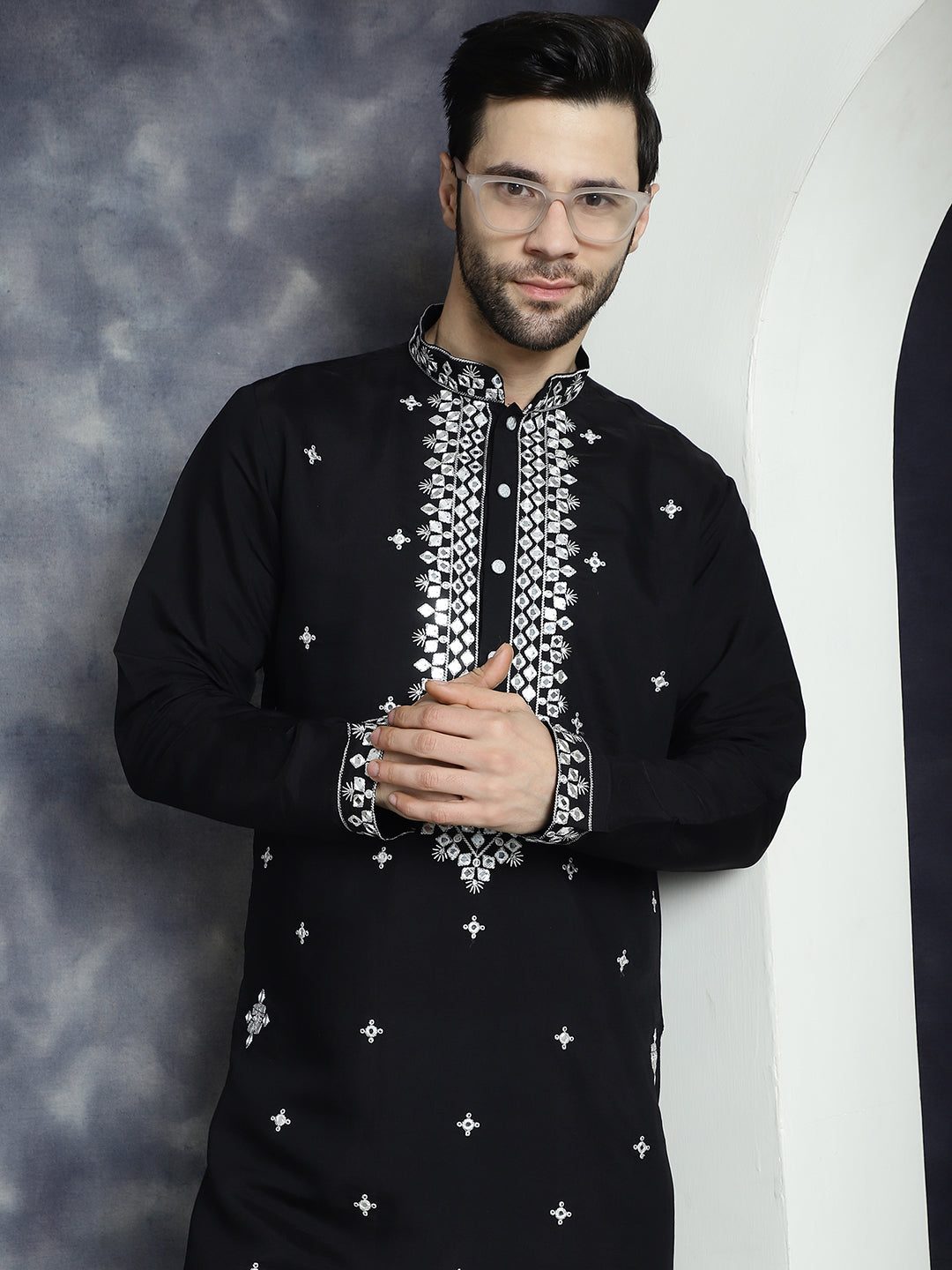 Men's Embroidered Kurta With Pyjama ( JOKP P 5045Black )