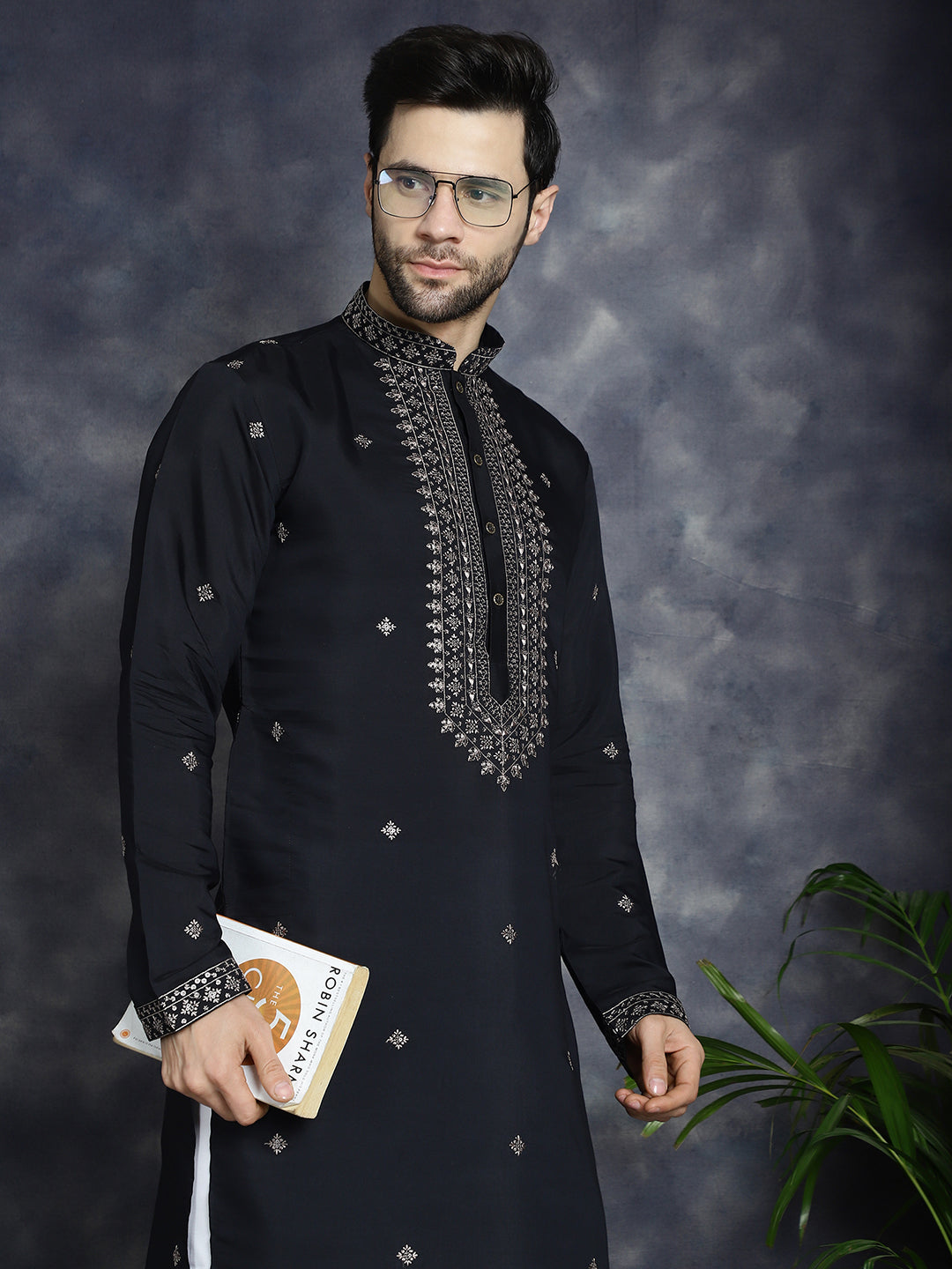 Men's Sequins Embroidered Kurta With Pyjama ( JOKP P 5046Black )