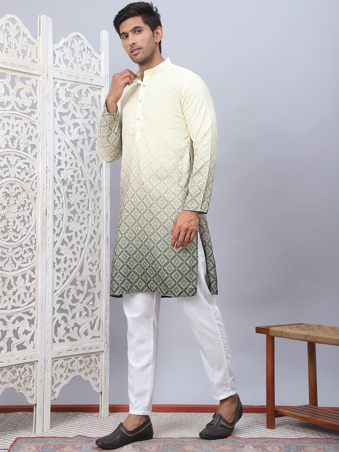 Men's Yellow Ombre Printed Kurta Pyjama Set