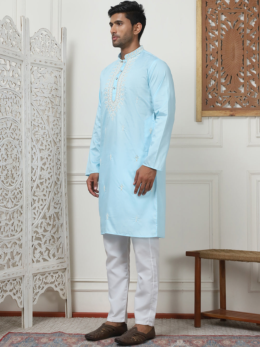 Collar Embroidered & Sequin Kurta With Pyjama