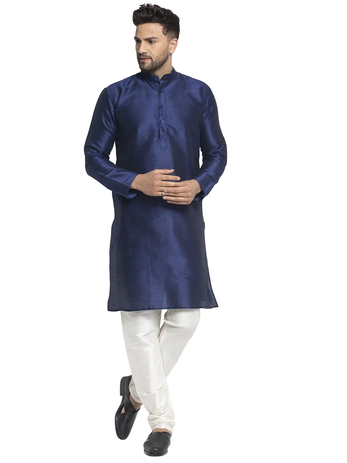 Jompers Men's Navy Solid Dupion Silk Kurta Payjama Set ( JOKP 636 Navy )