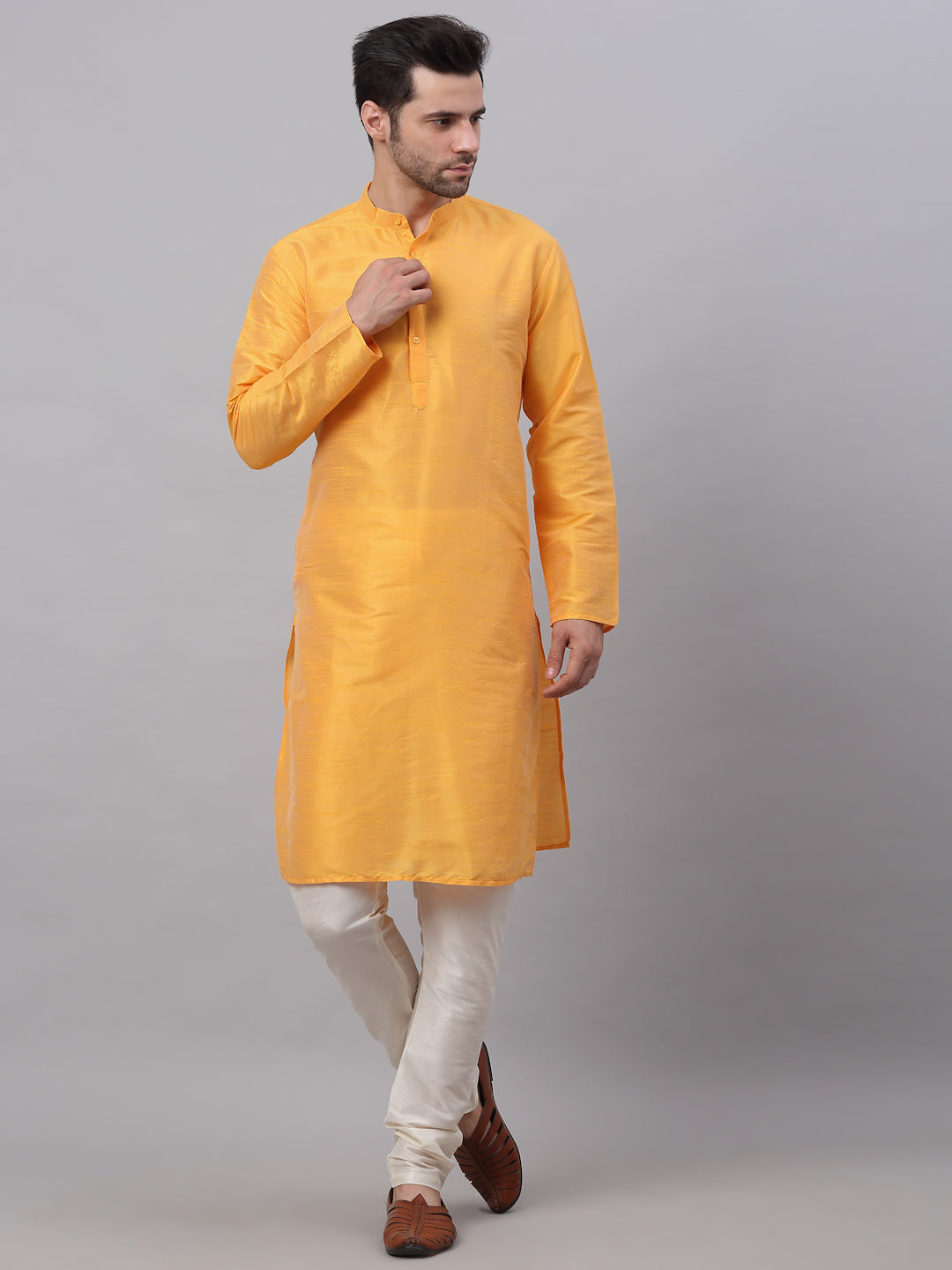 Jompers Men's Solid Dupion Silk Kurta Payjama Set ( JOKP 636Yellow )