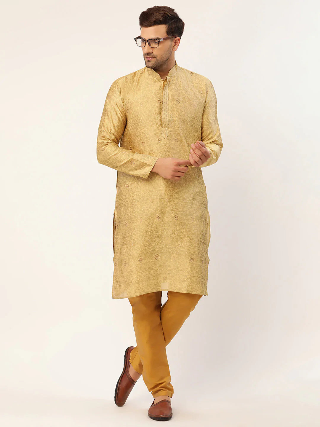 Jompers Men's Beige Coller Embroidered Woven Design Kurta Pyjama ( JOKP 649 Beige )