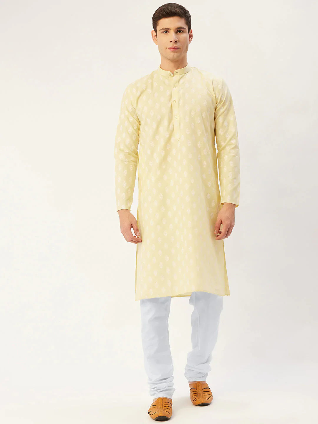 Jompers Men's Yellow Cotton Floral printed kurta Only( KO 650 Yellow )