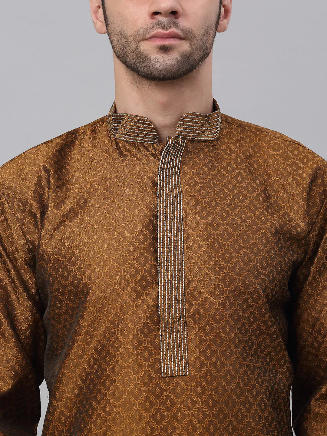 Men's Silk Blend Collar Embroidered Kurta Pyjama Set ( JOKP 664 Brown )