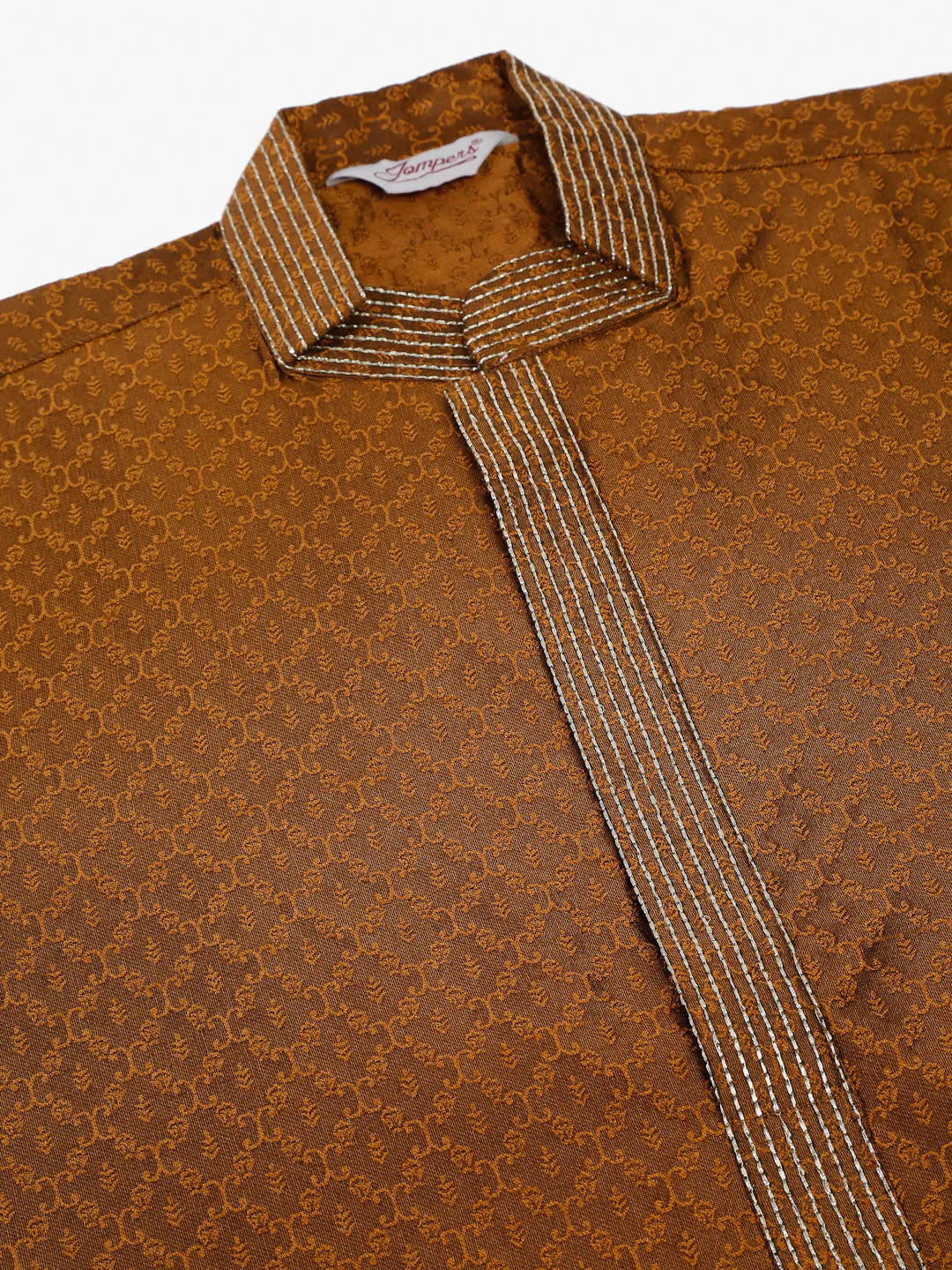 Men's Silk Blend Collar Embroidered Kurta Pyjama Set ( JOKP 664 Brown )