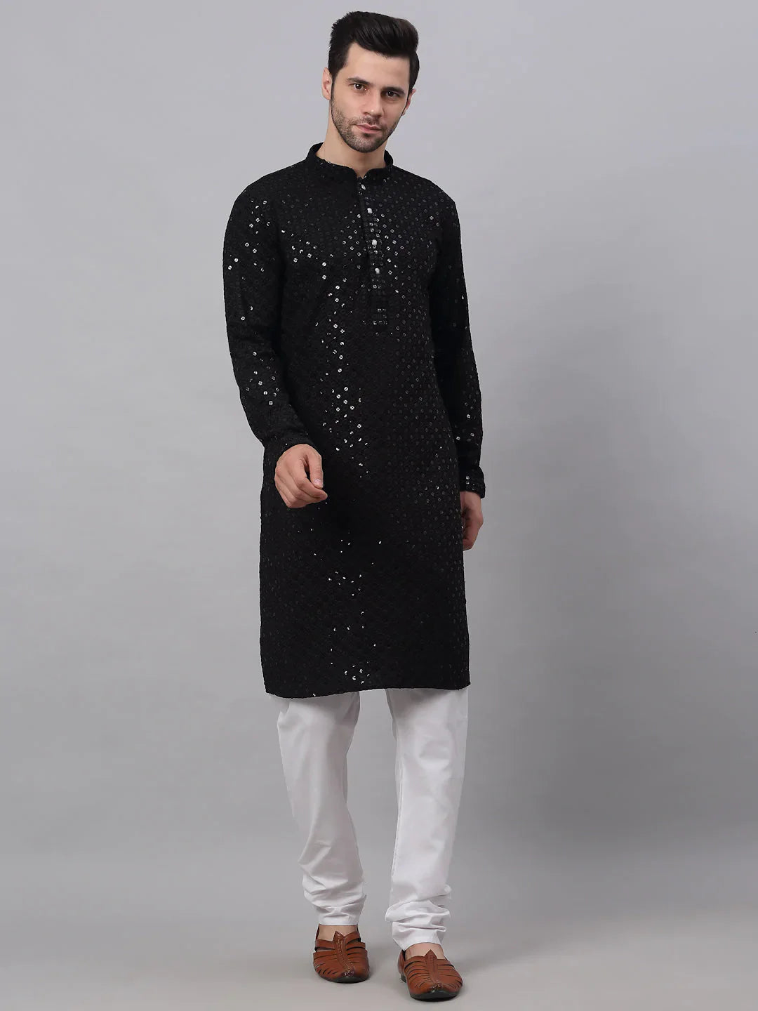 Men Black Chikankari Embroidered and Sequence Kurta with Churidar ( JOKP 678 Black )