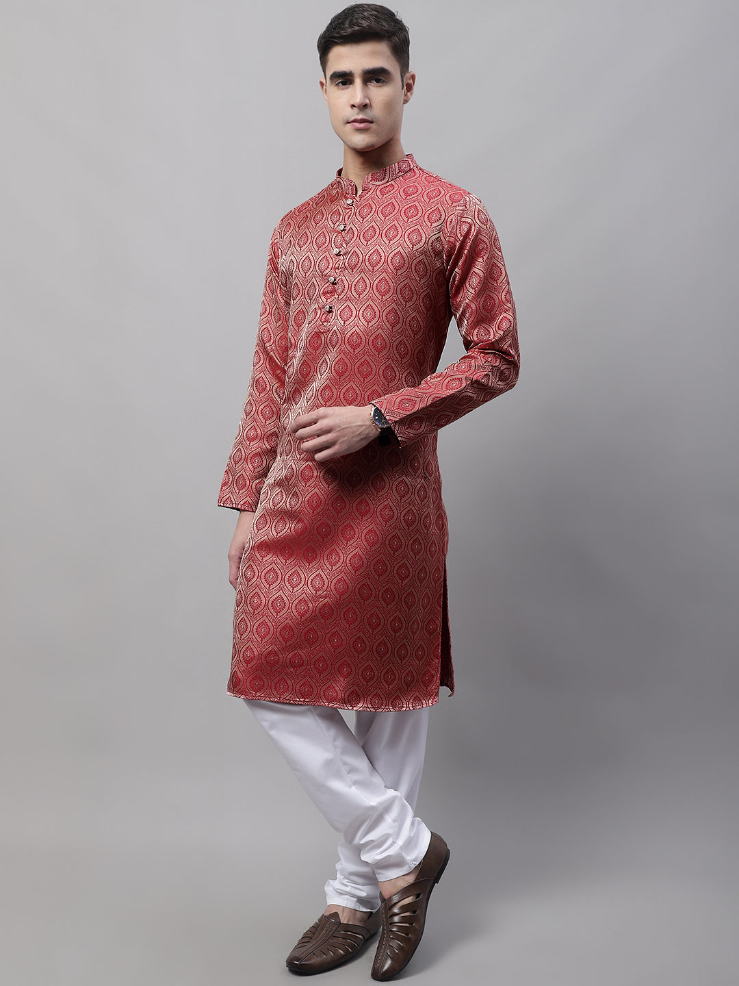 Men Ethnic Maroon Woven Design Kurta with Pyjamas