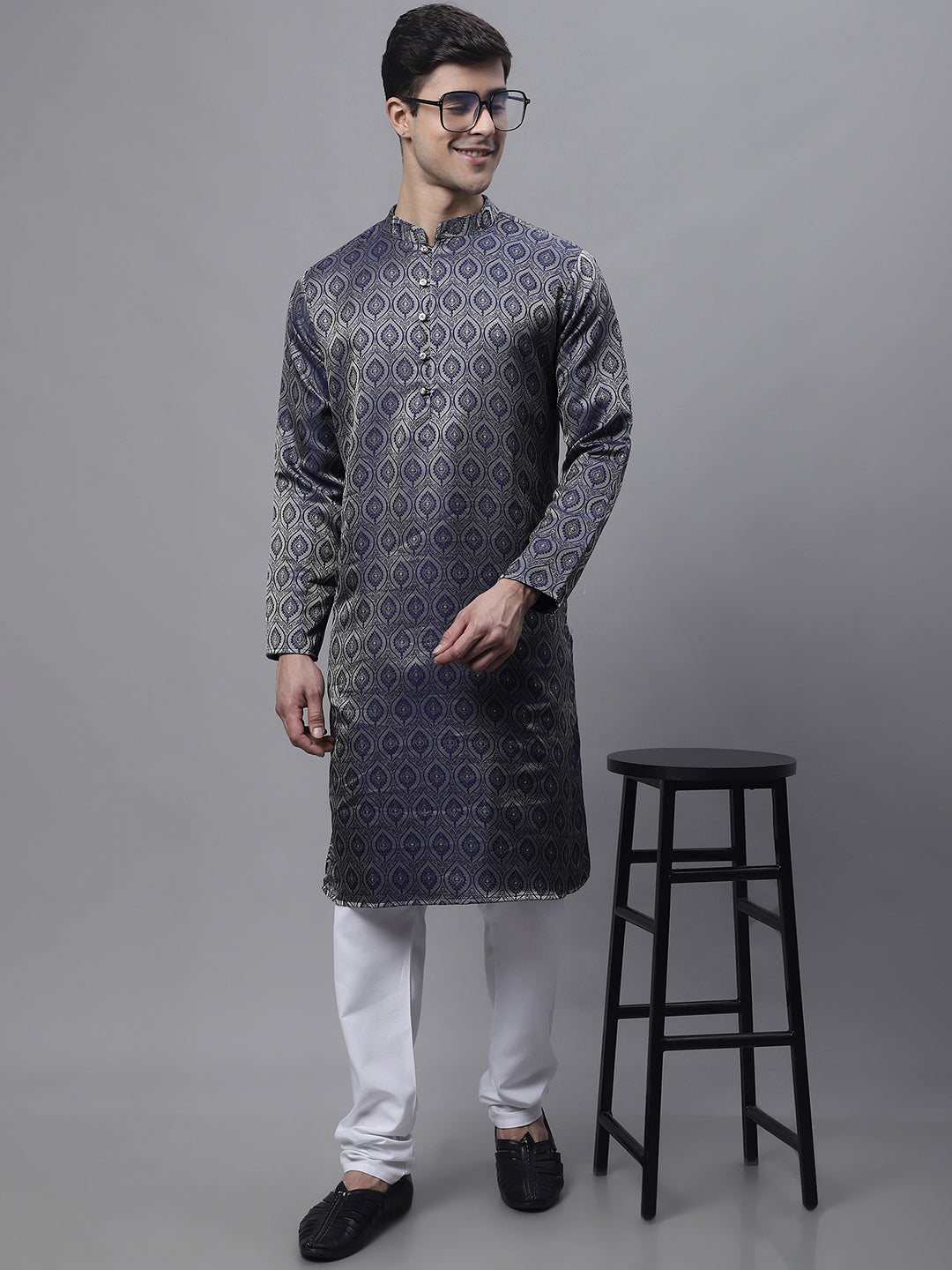 Men Ethnic Navy Blue Woven Design Kurta with Pyjamas