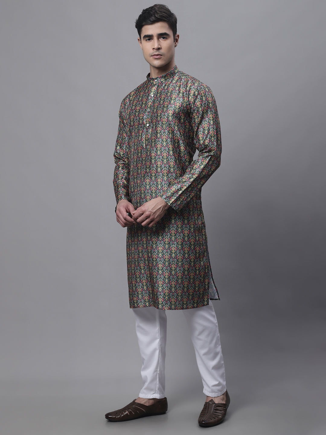 Men's Olive Green Digital Printed Kurta Pyjama Set