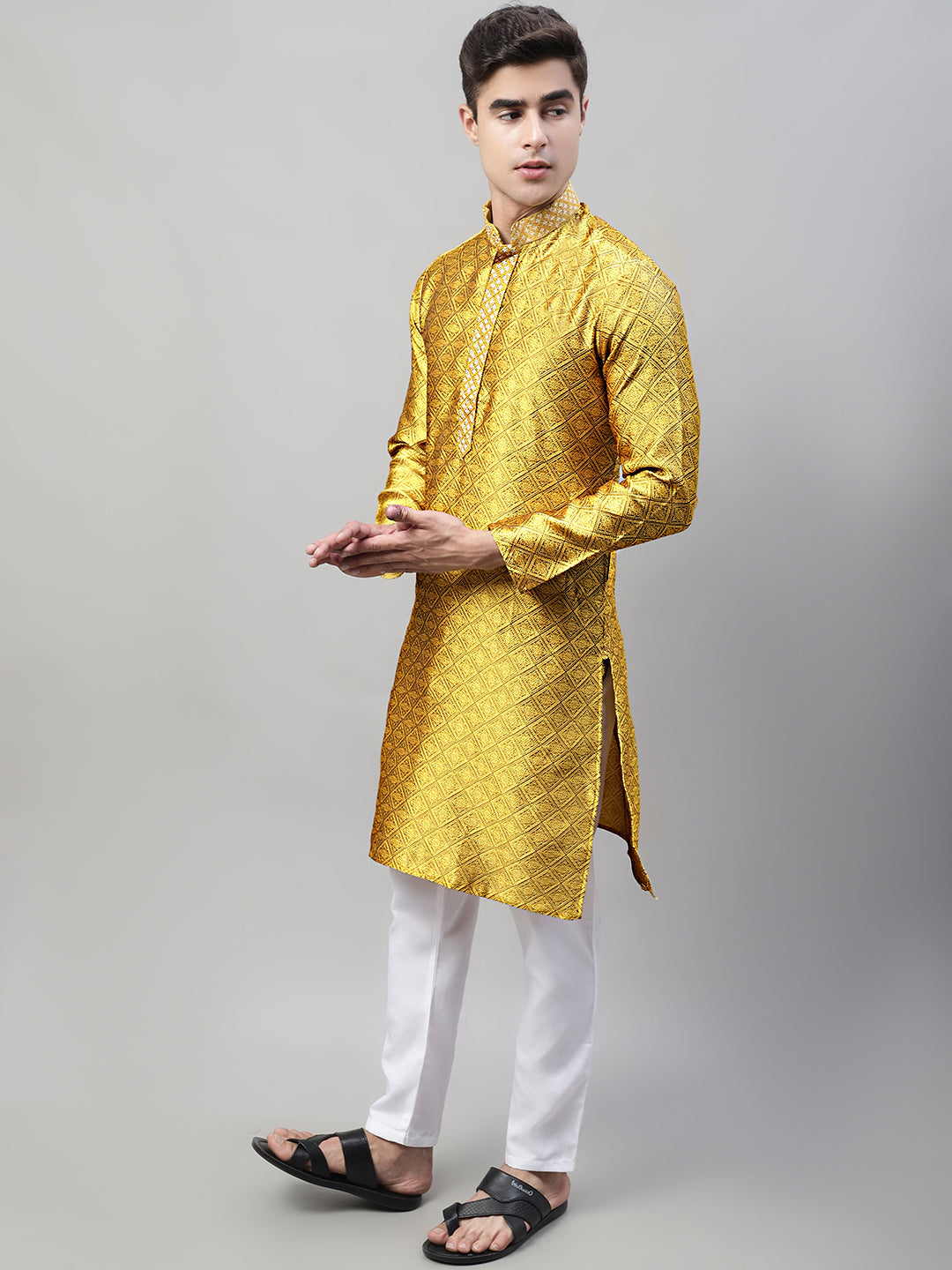 Men's Mustard Collar Embroidered Silk Jacquard Kurta Pyjama