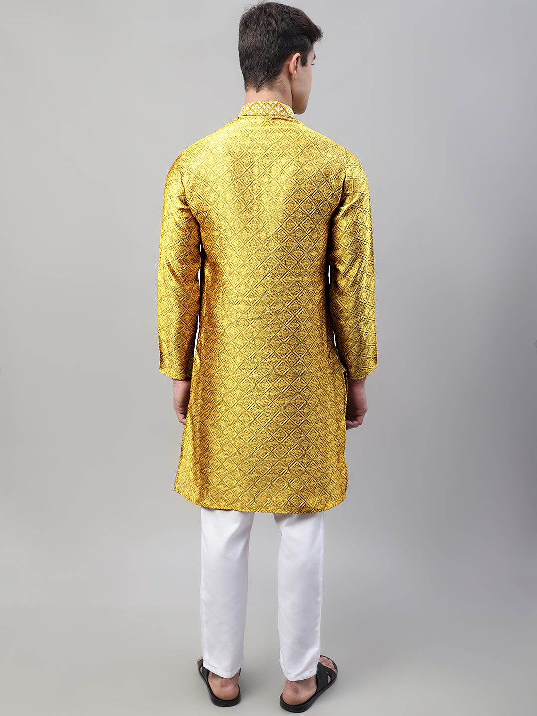 Men's Mustard Collar Embroidered Silk Jacquard Kurta Pyjama