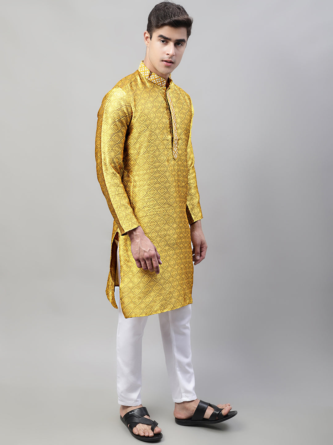 Men's Mustard Collar Embroidered Silk Jacquard Kurta Pyjama