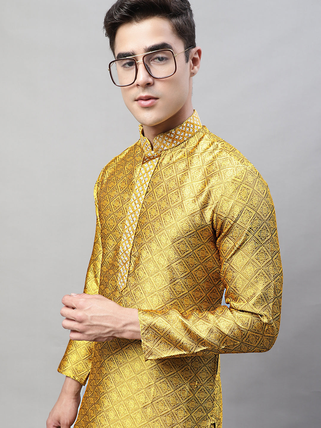 Men's Mustard Collar Embroidered Silk Jacquard Kurta Pyjama