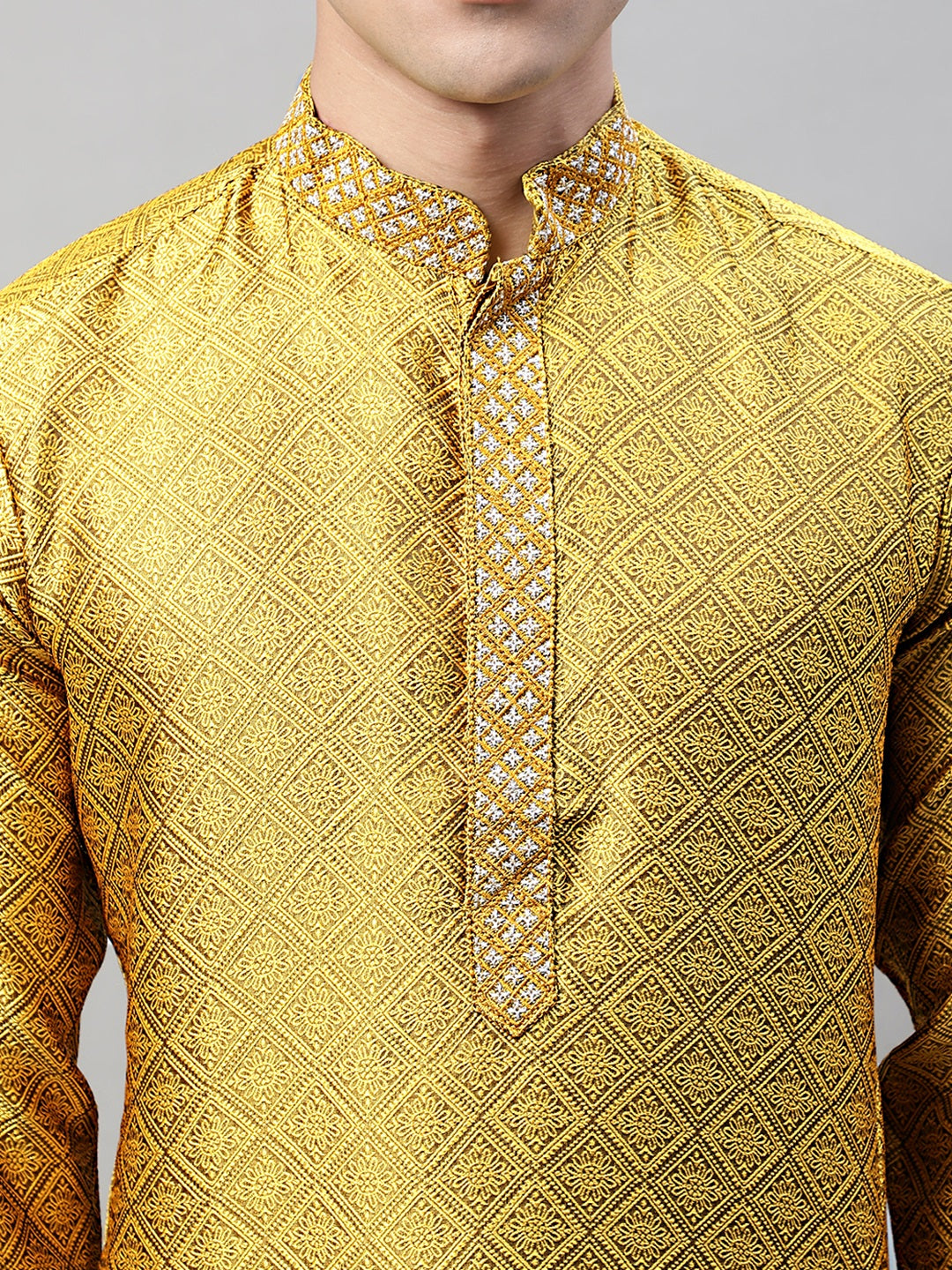 Men's Mustard Collar Embroidered Silk Jacquard Kurta Pyjama