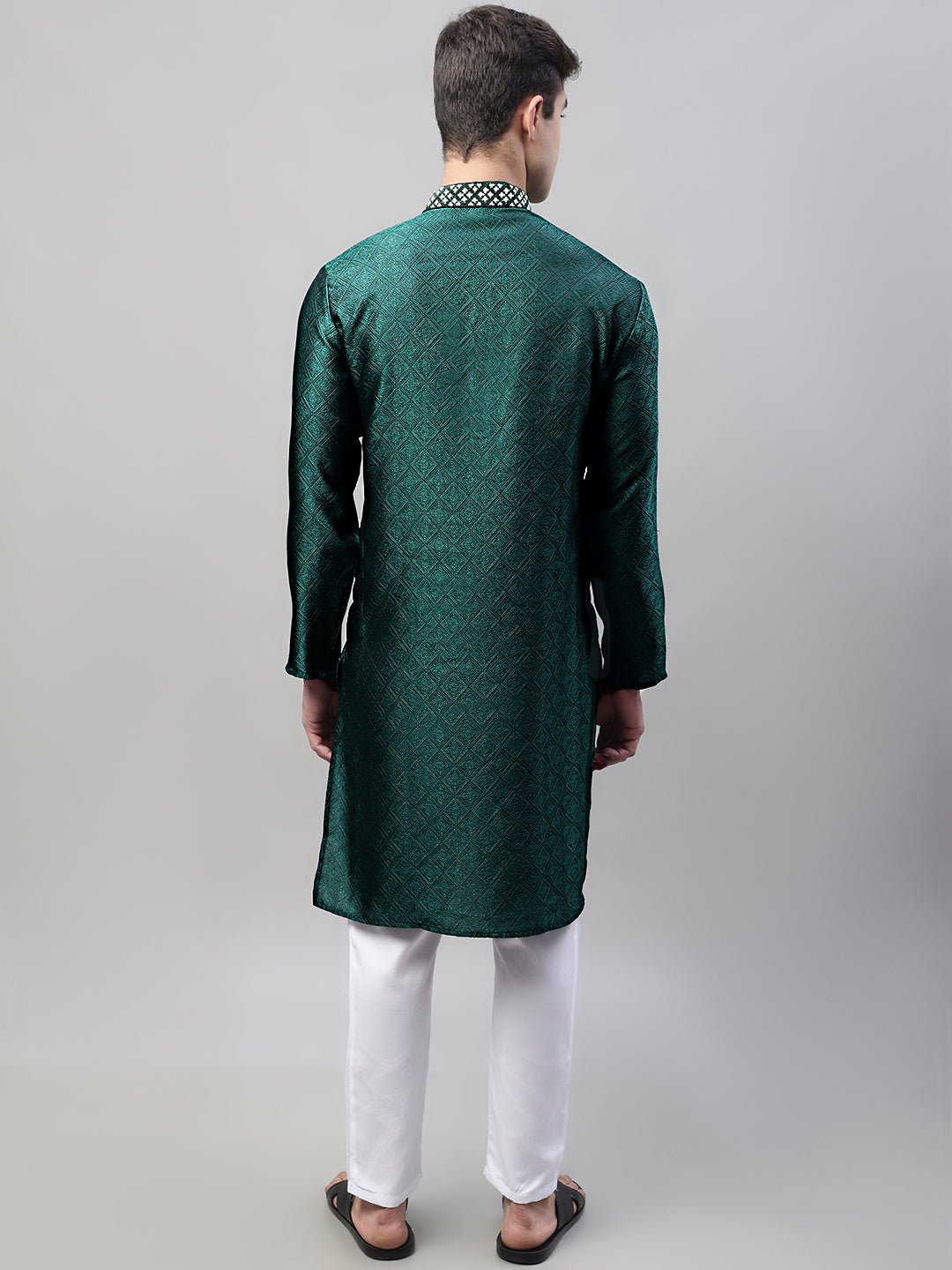 Men's Olive Green Collar Embroidered Silk Jacquard Kurta Pyjama