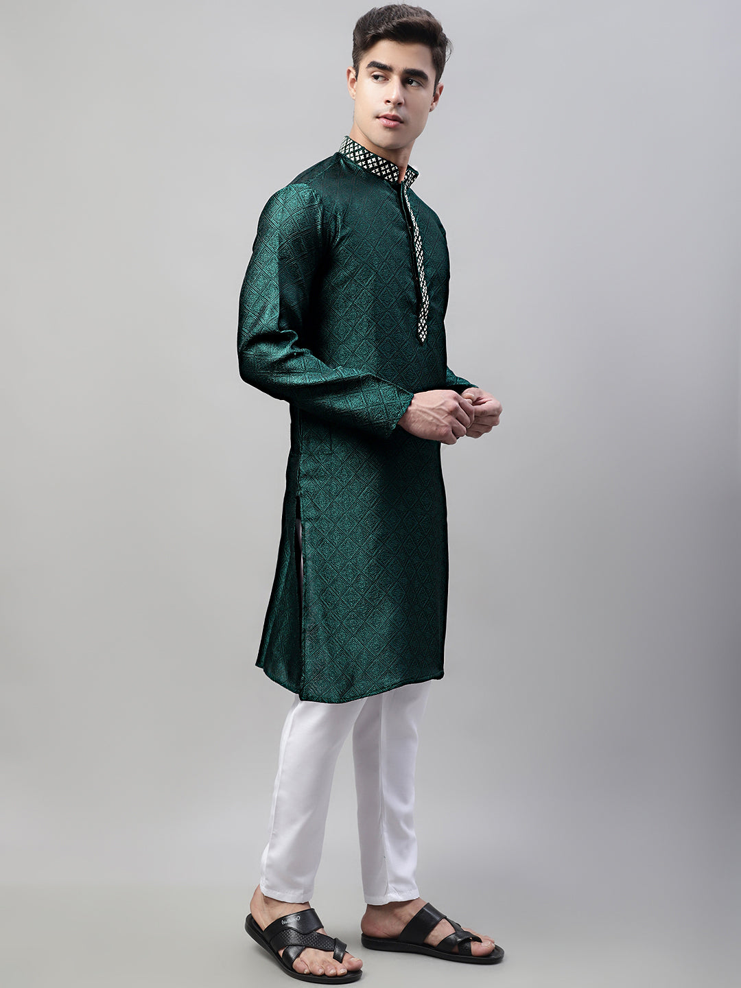 Men's Olive Green Collar Embroidered Silk Jacquard Kurta Pyjama